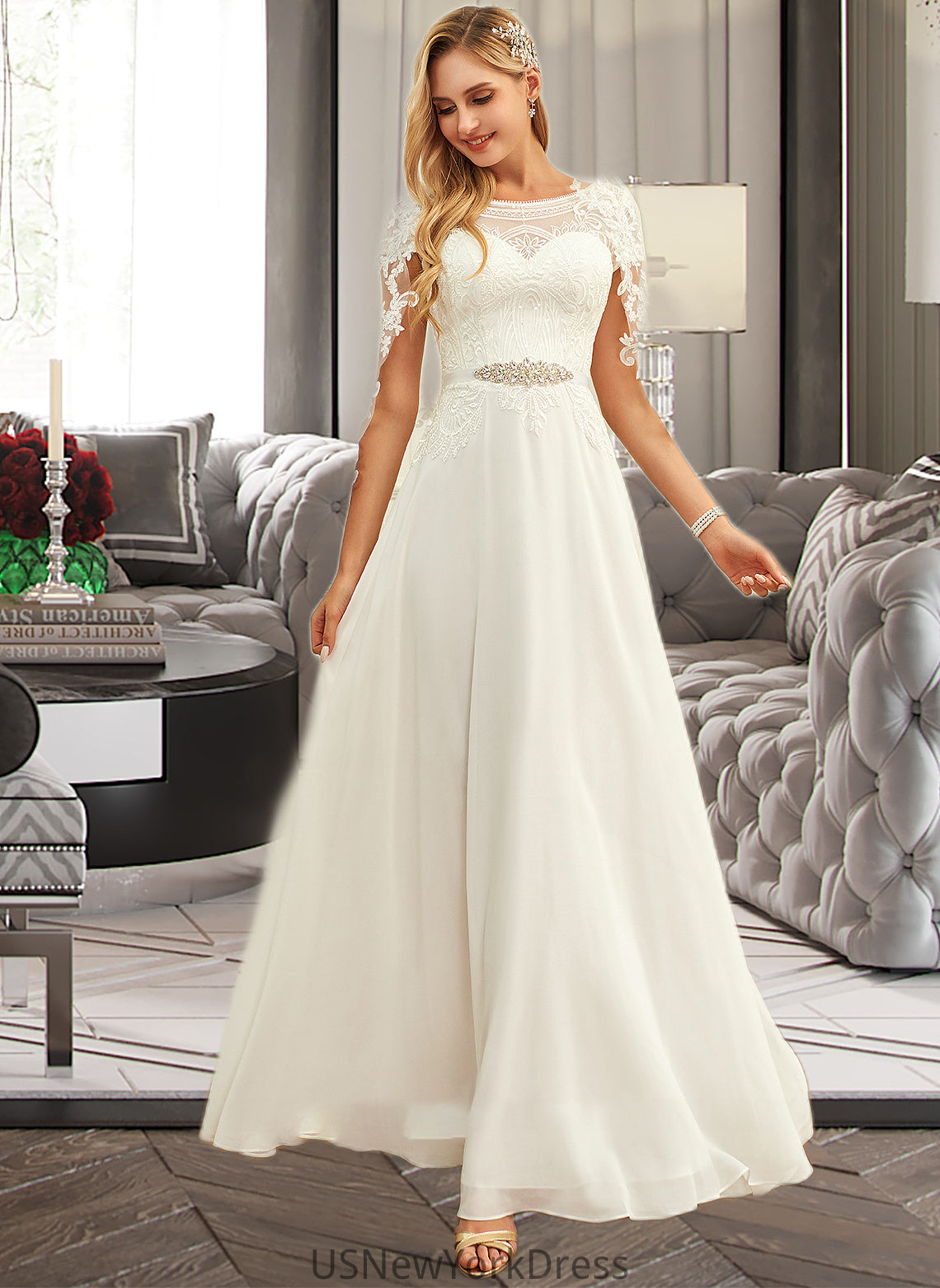 Amiya A-Line Scoop Neck Floor-Length Chiffon Lace Wedding Dress With Sequins DJP0013775