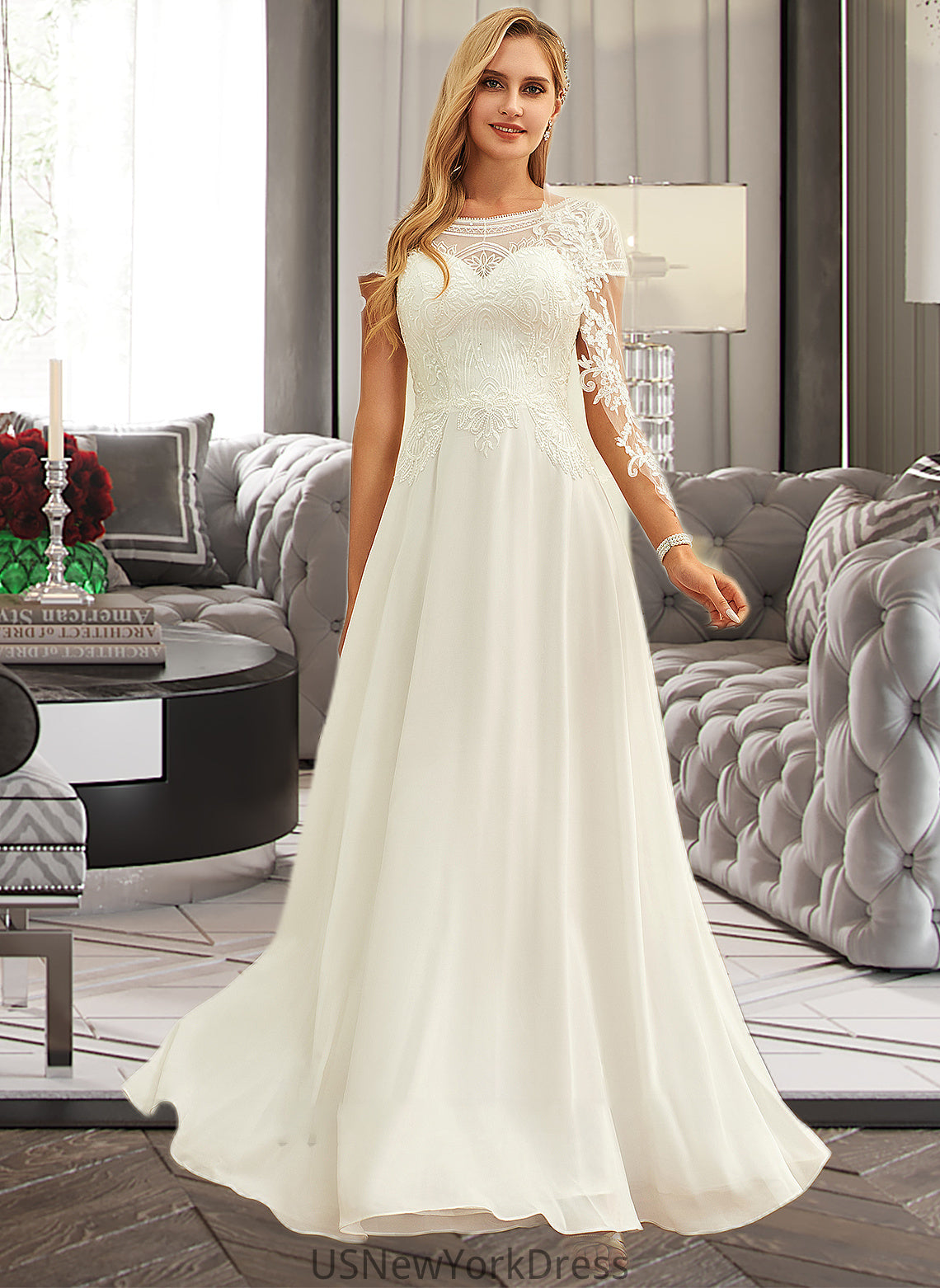 Amiya A-Line Scoop Neck Floor-Length Chiffon Lace Wedding Dress With Sequins DJP0013775