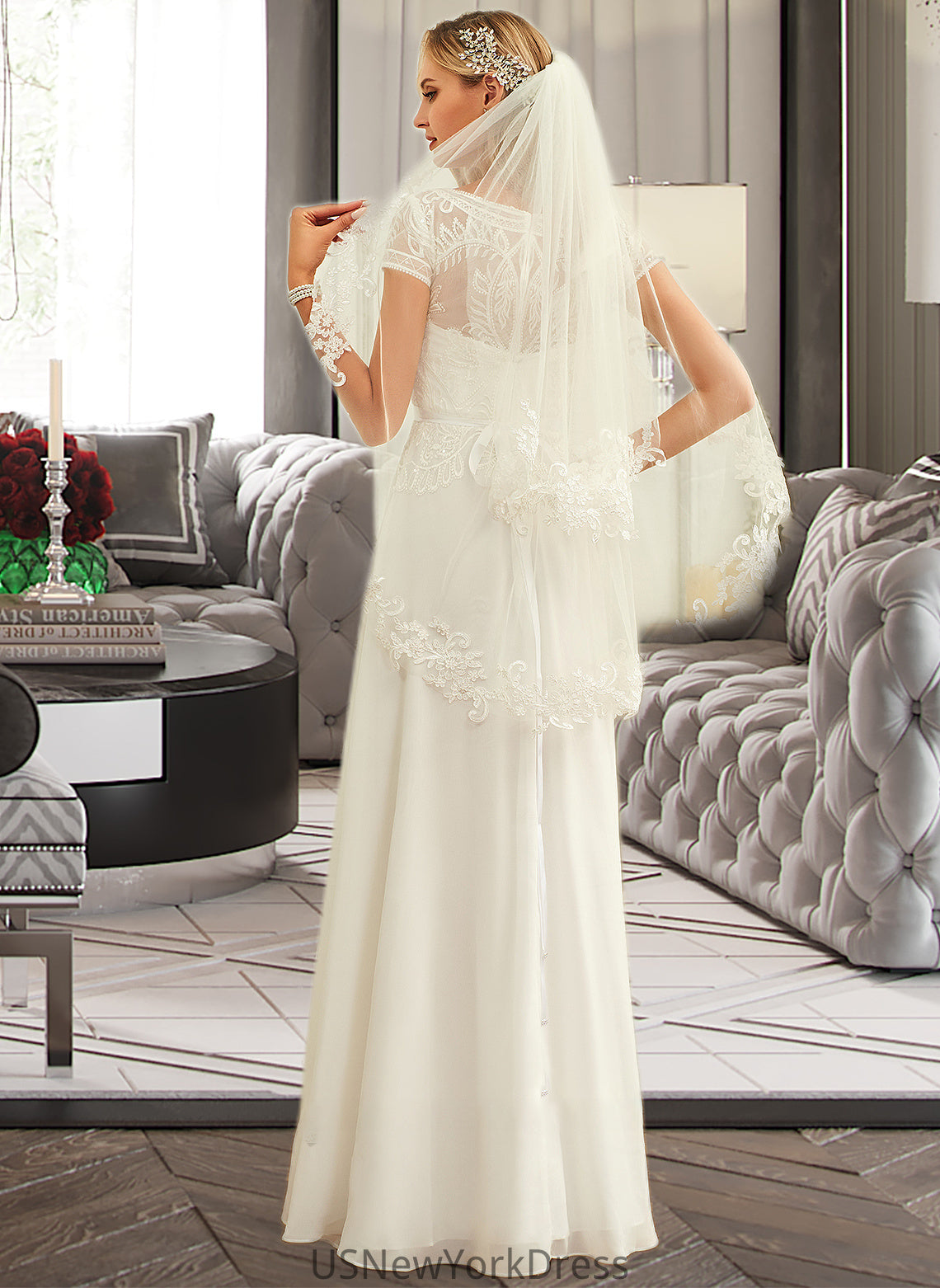 Amiya A-Line Scoop Neck Floor-Length Chiffon Lace Wedding Dress With Sequins DJP0013775