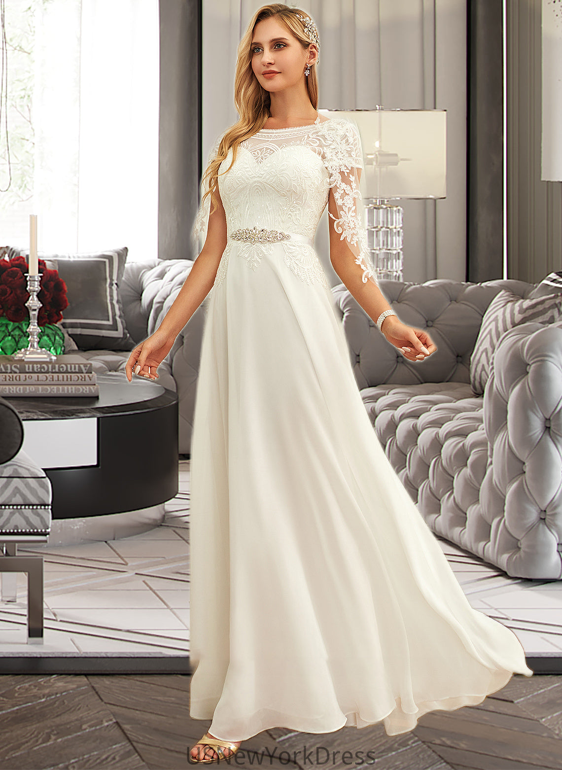 Amiya A-Line Scoop Neck Floor-Length Chiffon Lace Wedding Dress With Sequins DJP0013775