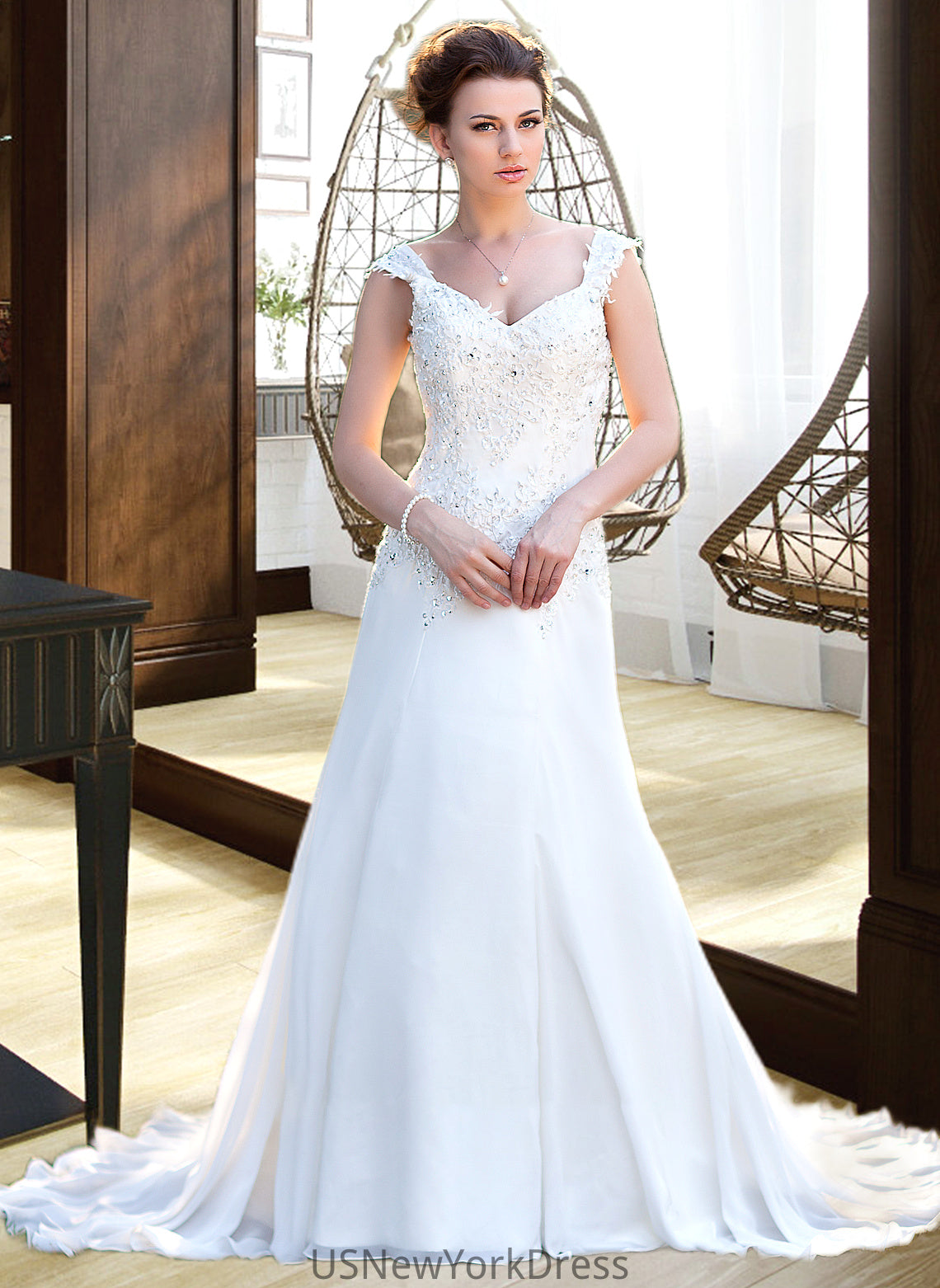 Kylee A-Line V-neck Court Train Chiffon Wedding Dress With Lace Beading Sequins DJP0013776