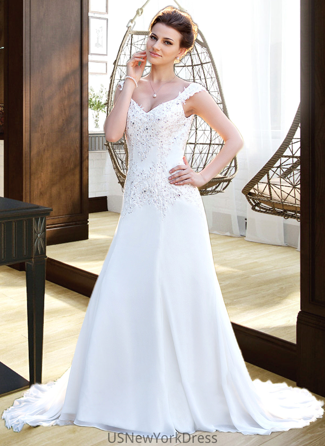 Kylee A-Line V-neck Court Train Chiffon Wedding Dress With Lace Beading Sequins DJP0013776