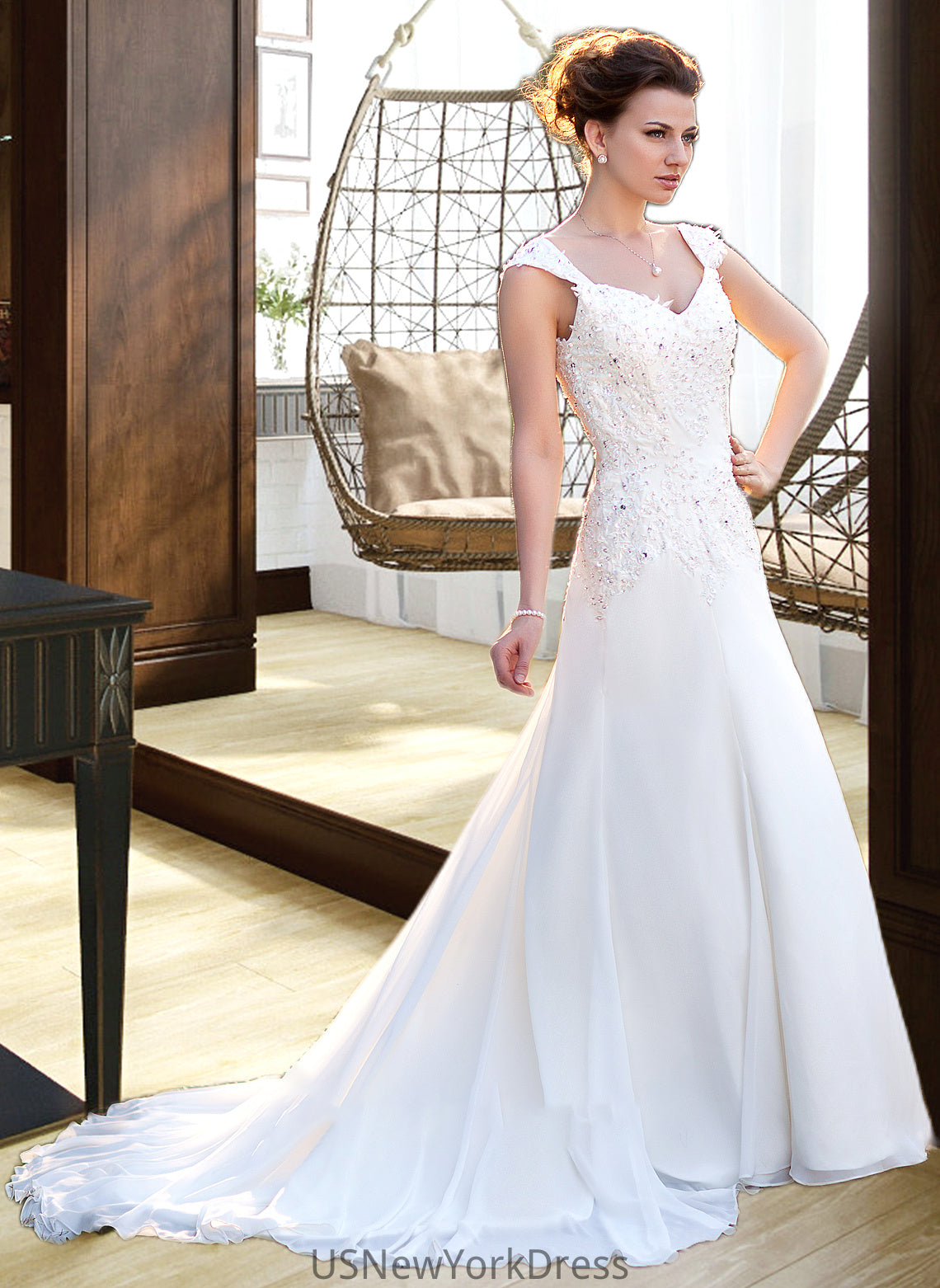 Kylee A-Line V-neck Court Train Chiffon Wedding Dress With Lace Beading Sequins DJP0013776