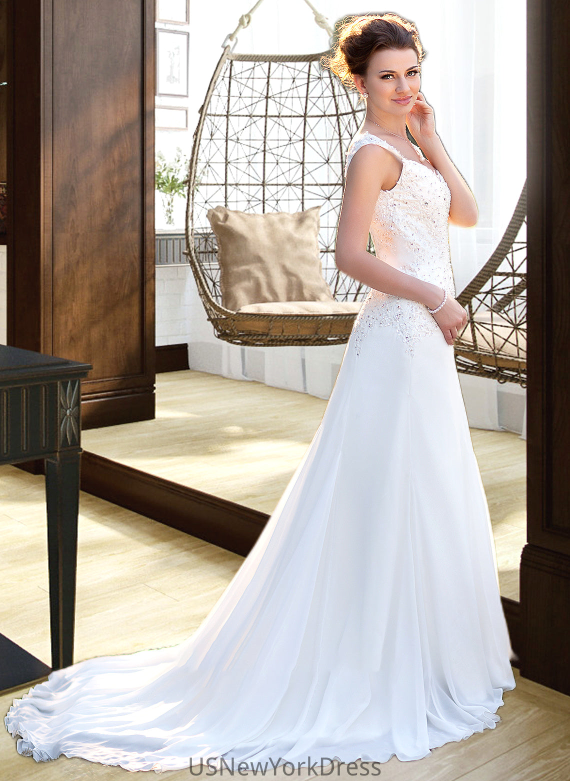 Kylee A-Line V-neck Court Train Chiffon Wedding Dress With Lace Beading Sequins DJP0013776