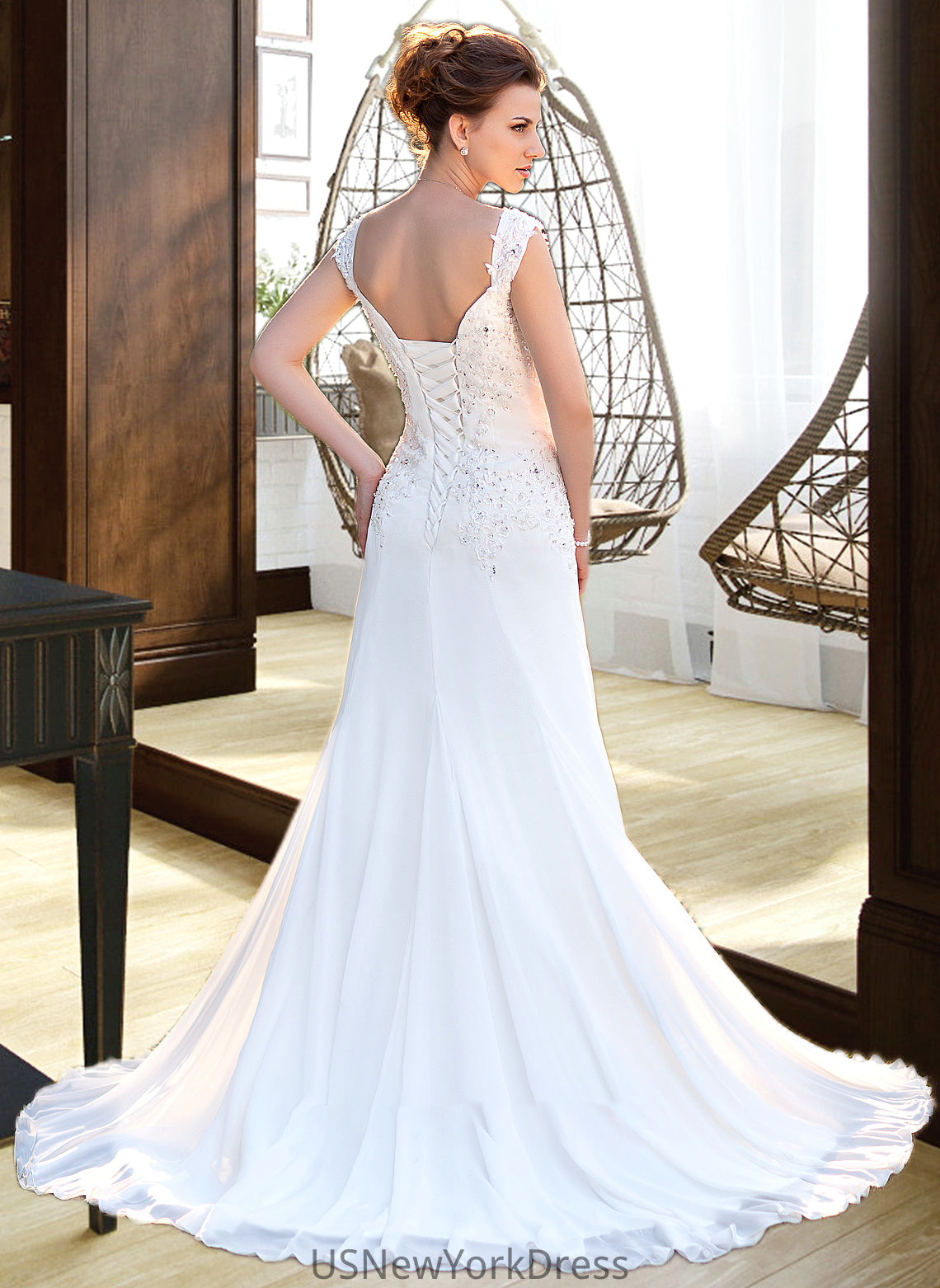 Kylee A-Line V-neck Court Train Chiffon Wedding Dress With Lace Beading Sequins DJP0013776