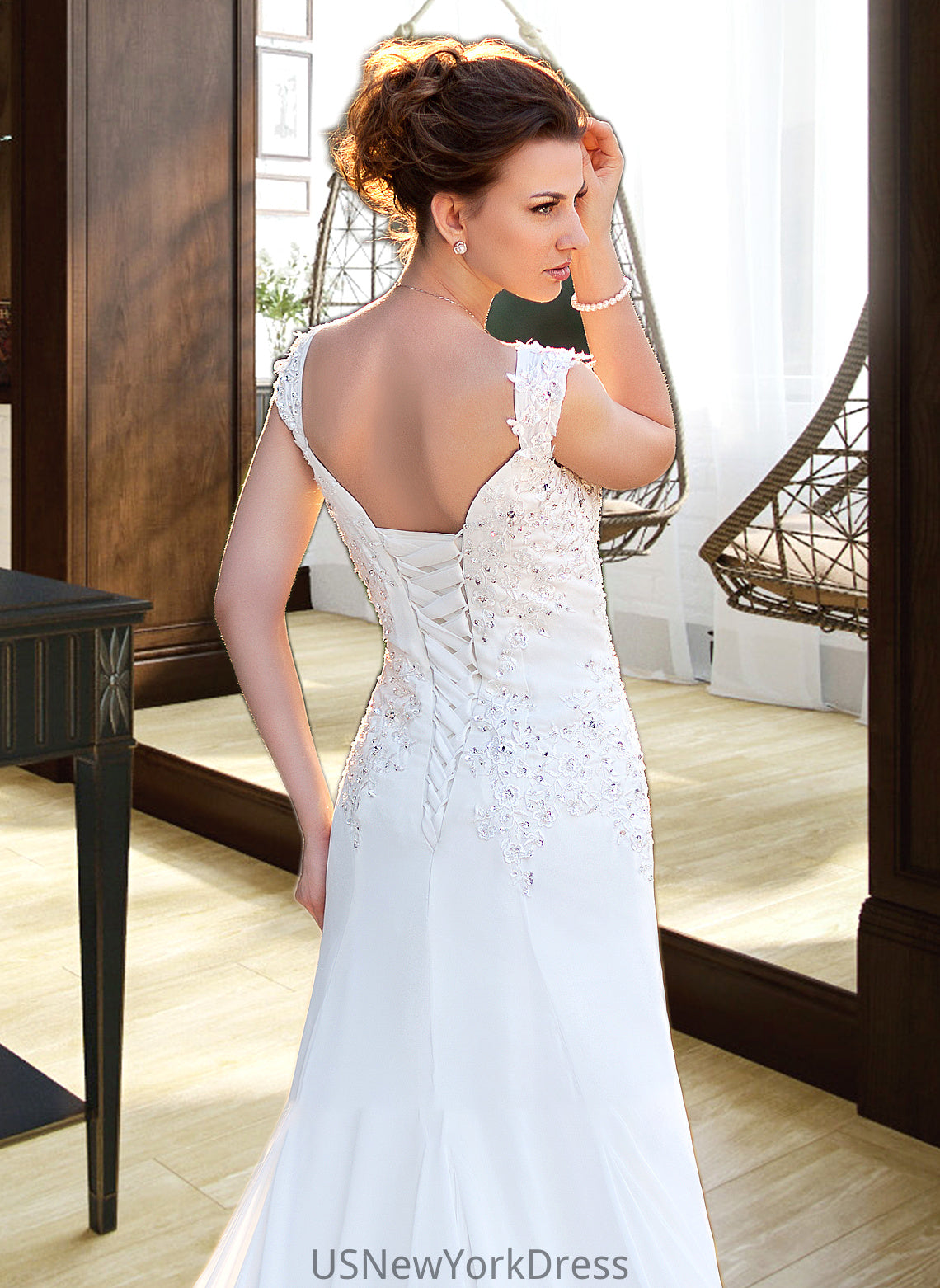 Kylee A-Line V-neck Court Train Chiffon Wedding Dress With Lace Beading Sequins DJP0013776