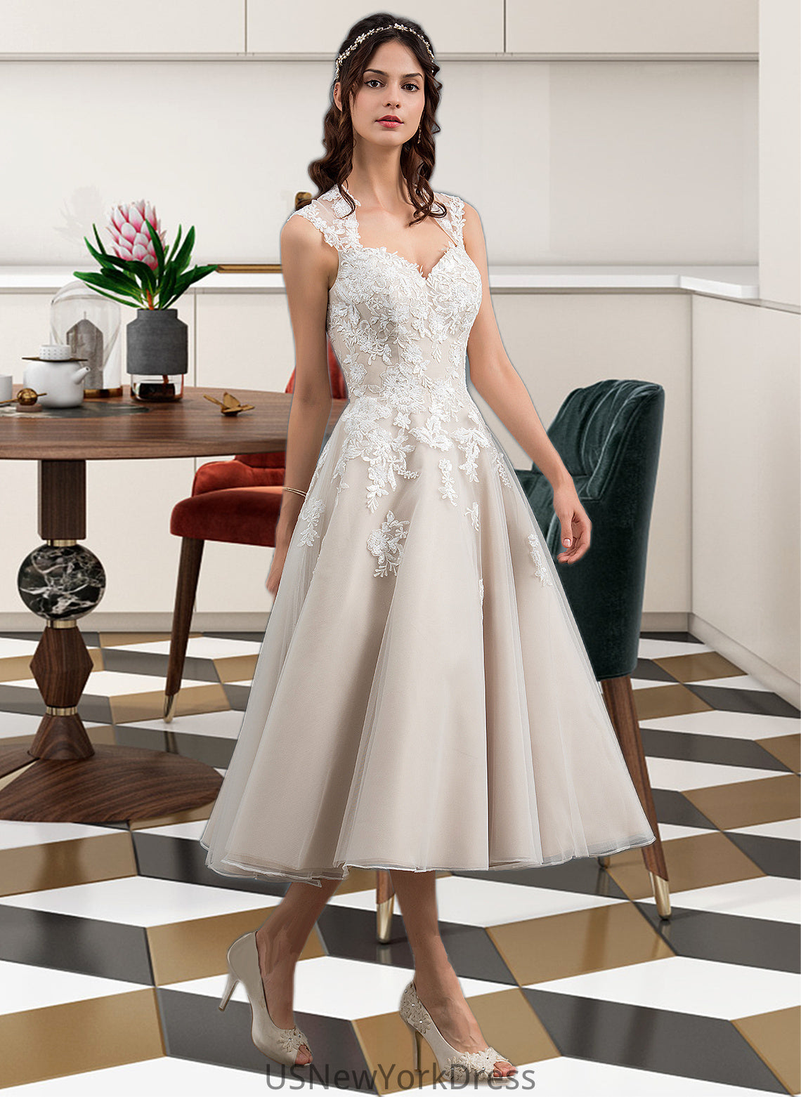 Juliet Ball-Gown/Princess Sweetheart Tea-Length Tulle Wedding Dress With Sequins DJP0013791