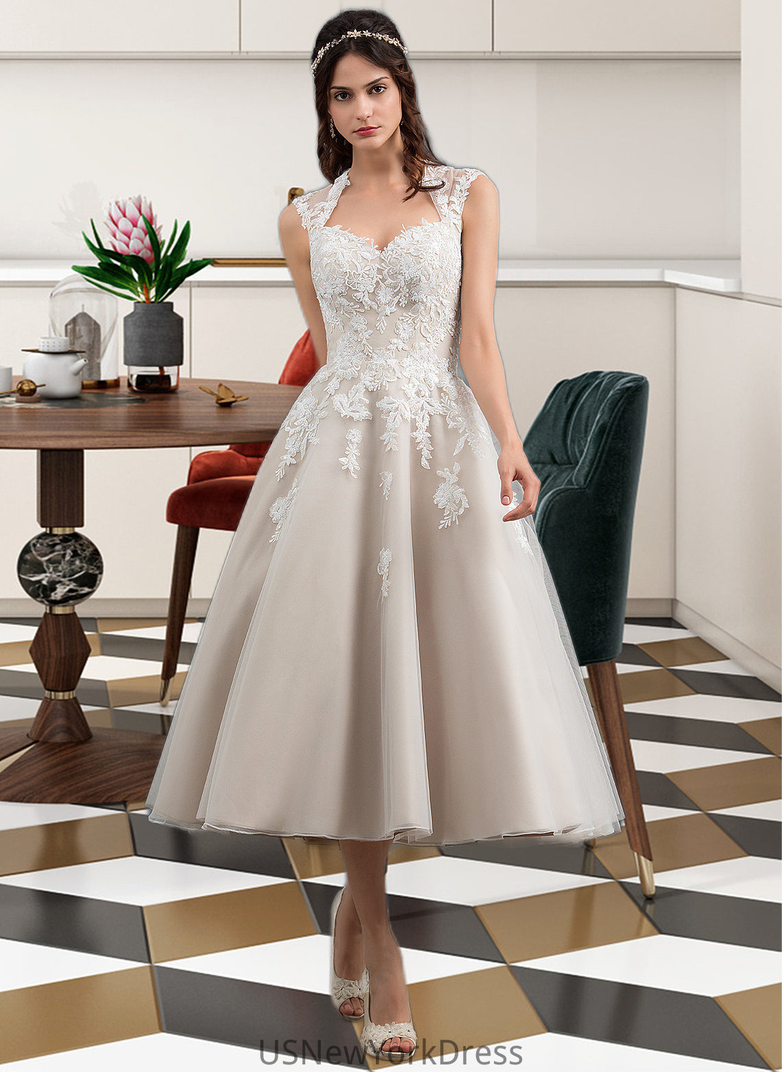 Juliet Ball-Gown/Princess Sweetheart Tea-Length Tulle Wedding Dress With Sequins DJP0013791