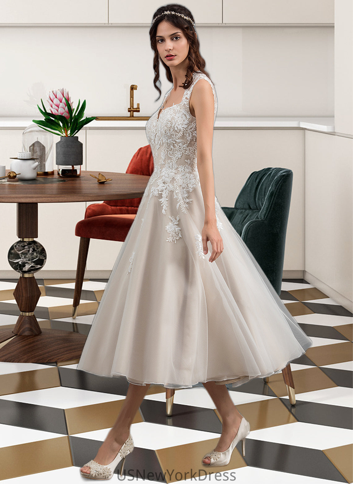 Juliet Ball-Gown/Princess Sweetheart Tea-Length Tulle Wedding Dress With Sequins DJP0013791