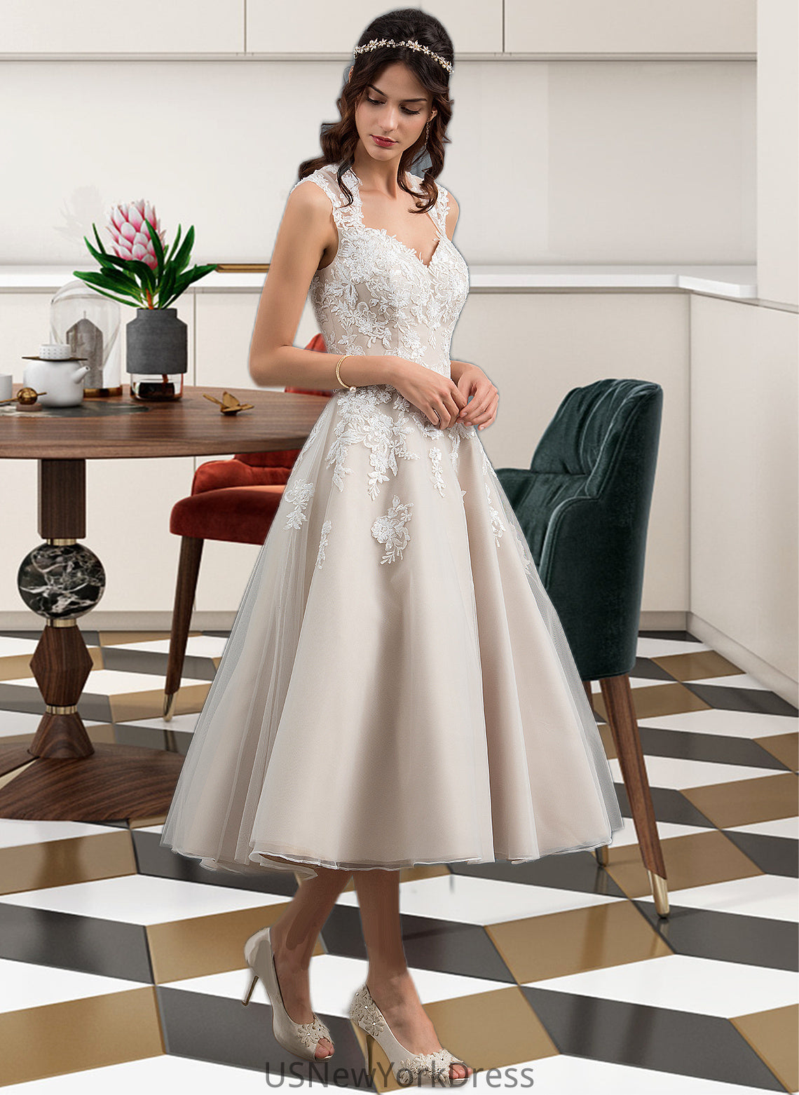 Juliet Ball-Gown/Princess Sweetheart Tea-Length Tulle Wedding Dress With Sequins DJP0013791