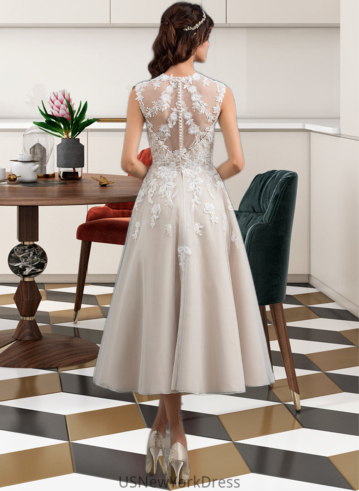 Juliet Ball-Gown/Princess Sweetheart Tea-Length Tulle Wedding Dress With Sequins DJP0013791