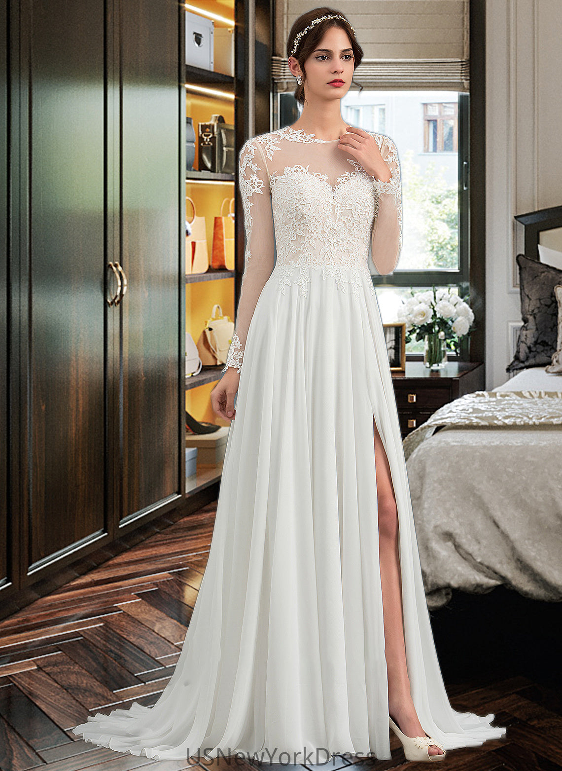 Paisley A-Line Illusion Sweep Train Chiffon Wedding Dress With Appliques Lace Split Front DJP0013793