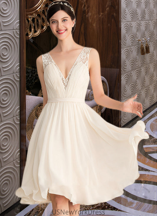 Lilith A-Line V-neck Knee-Length Chiffon Lace Wedding Dress With Ruffle DJP0013794