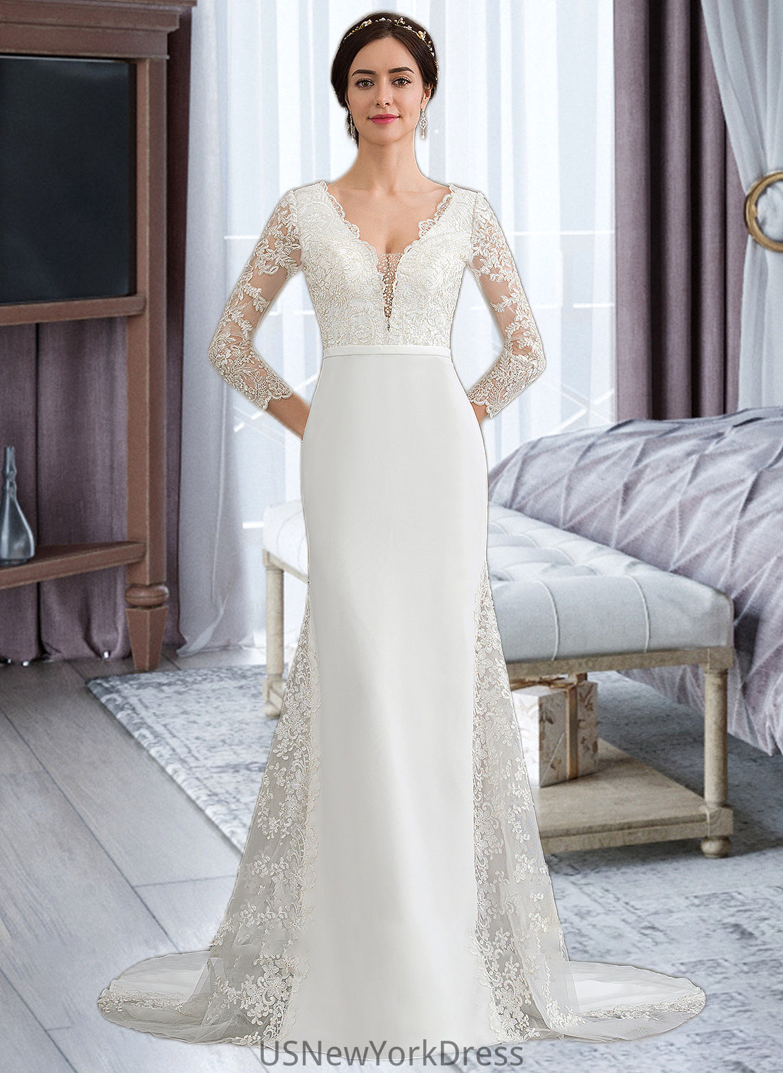 Marissa Trumpet/Mermaid V-neck Chapel Train Chiffon Wedding Dress With Beading Sequins DJP0013795