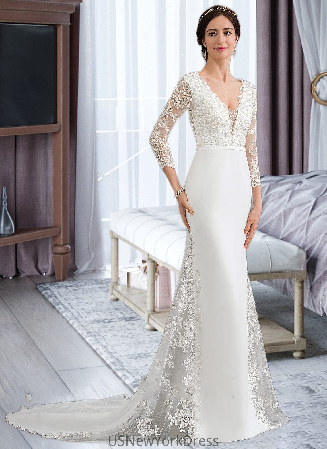 Marissa Trumpet/Mermaid V-neck Chapel Train Chiffon Wedding Dress With Beading Sequins DJP0013795