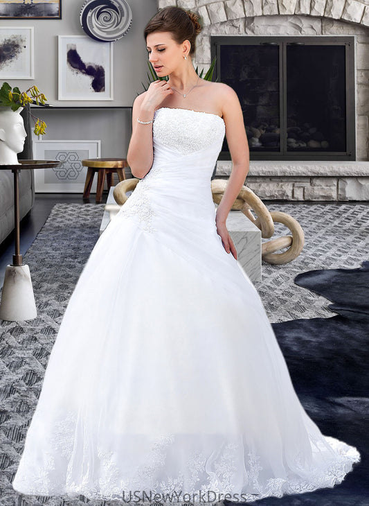 Angelica Ball-Gown/Princess Strapless Chapel Train Satin Organza Wedding Dress With Lace Beading DJP0013796