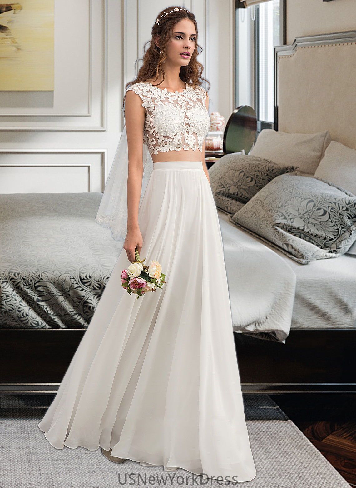 Elena A-Line Scoop Neck Floor-Length Chiffon Wedding Dress With Beading Sequins DJP0013799