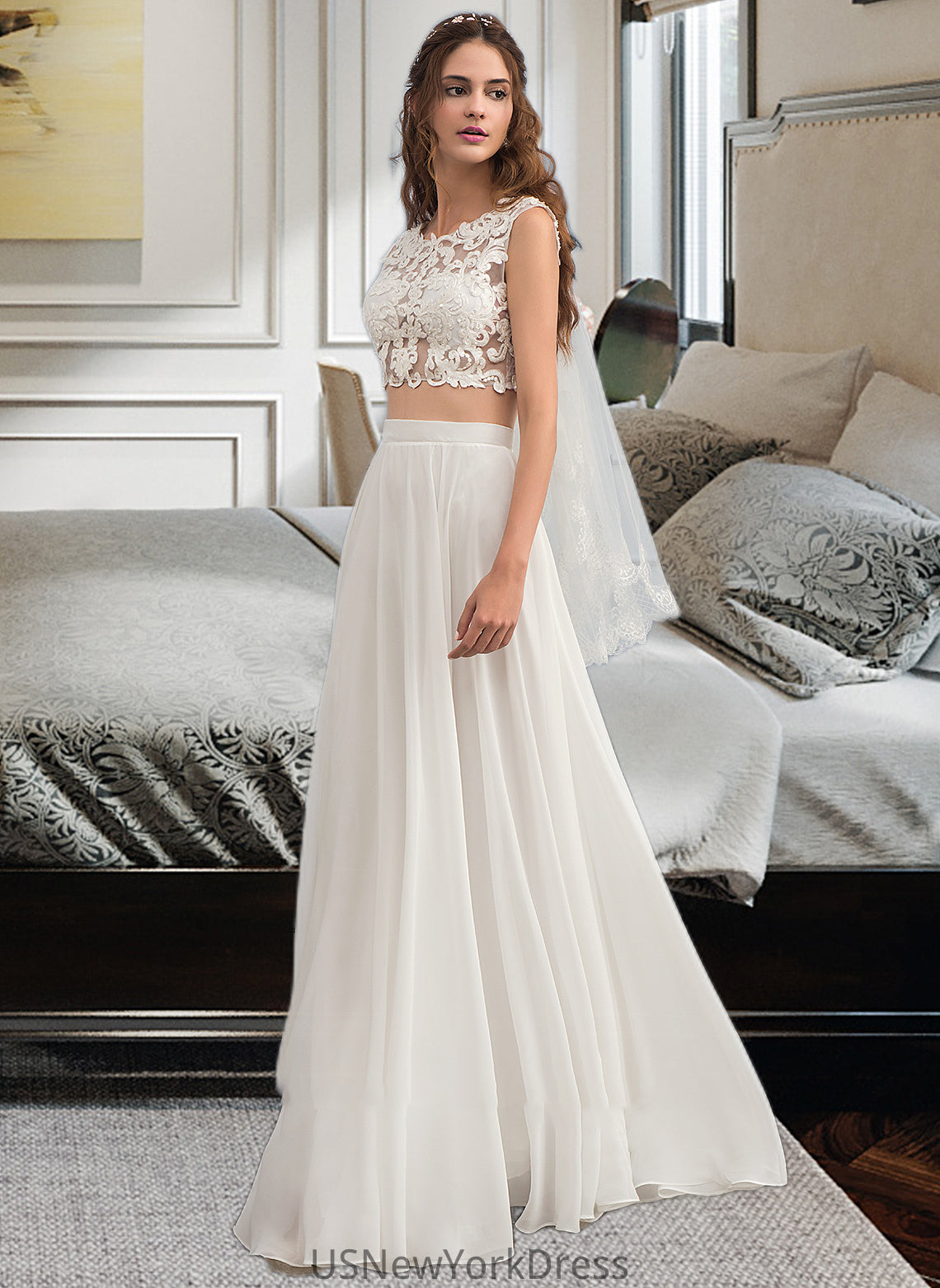 Elena A-Line Scoop Neck Floor-Length Chiffon Wedding Dress With Beading Sequins DJP0013799