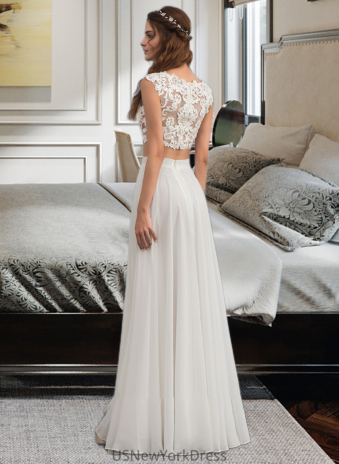 Elena A-Line Scoop Neck Floor-Length Chiffon Wedding Dress With Beading Sequins DJP0013799