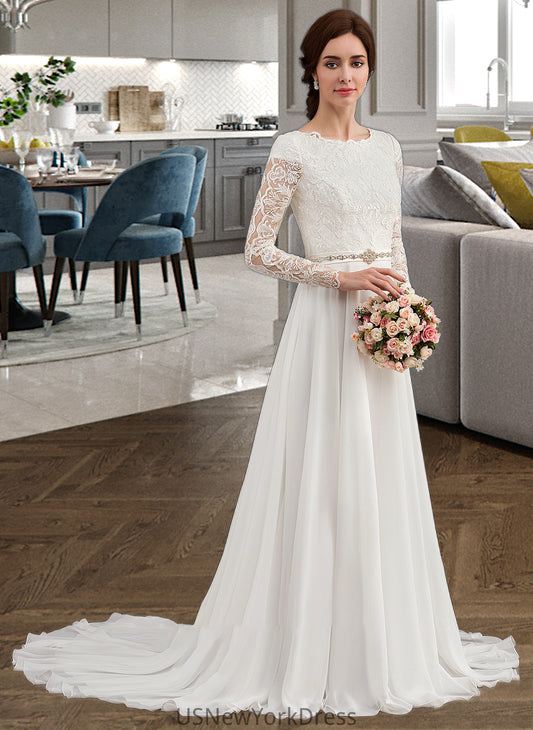 Natalya A-Line Scoop Neck Court Train Chiffon Wedding Dress With Beading DJP0013800