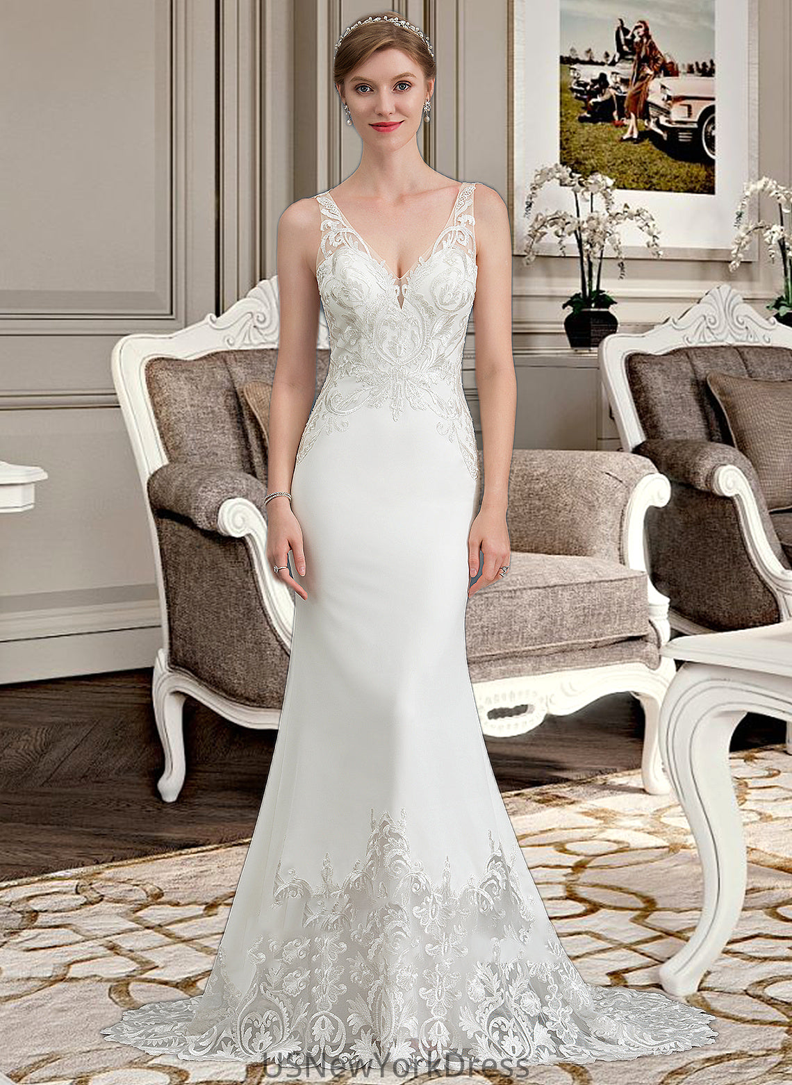 Angie Trumpet/Mermaid V-neck Court Train Stretch Crepe Wedding Dress DJP0013803