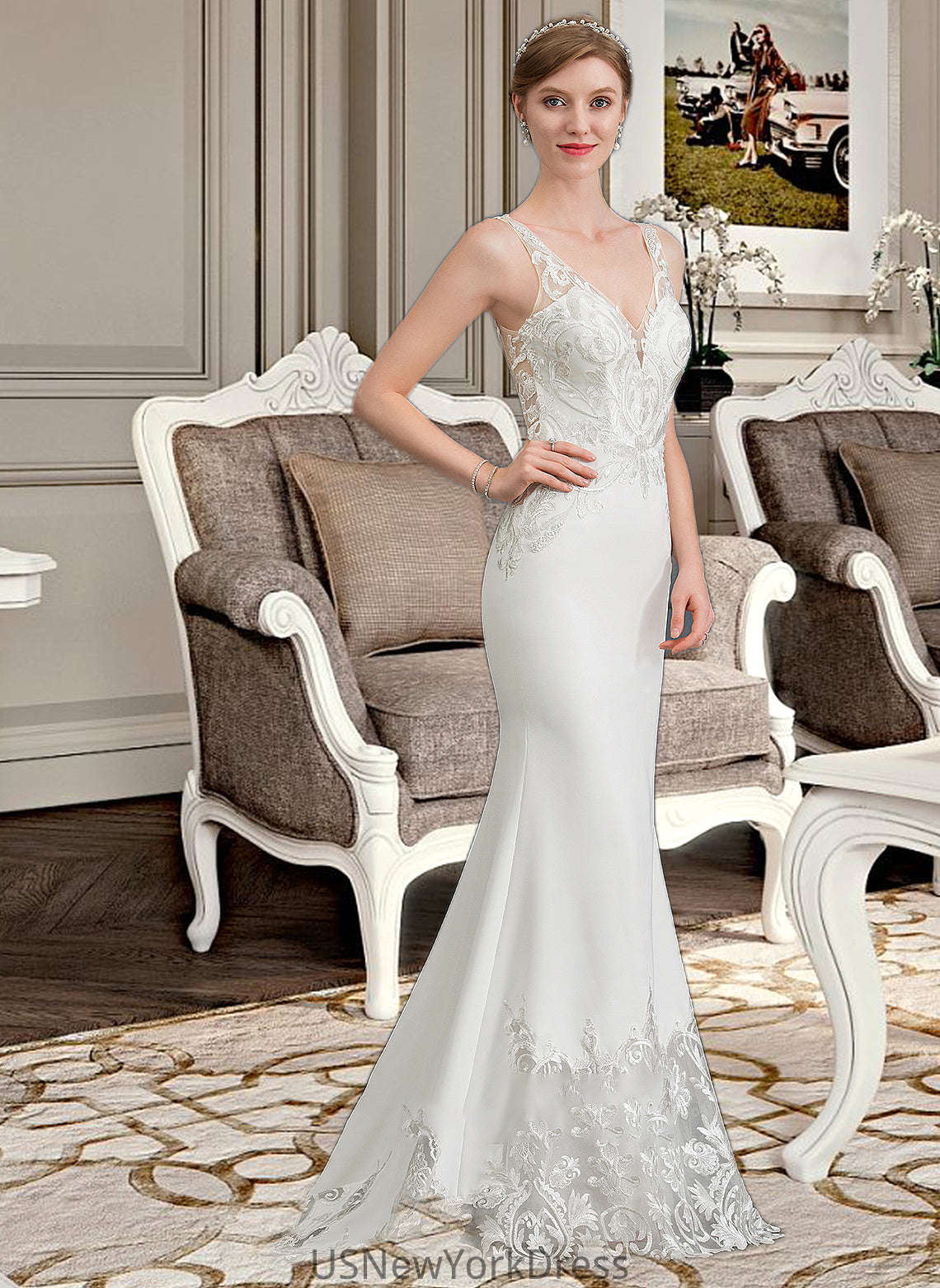 Angie Trumpet/Mermaid V-neck Court Train Stretch Crepe Wedding Dress DJP0013803