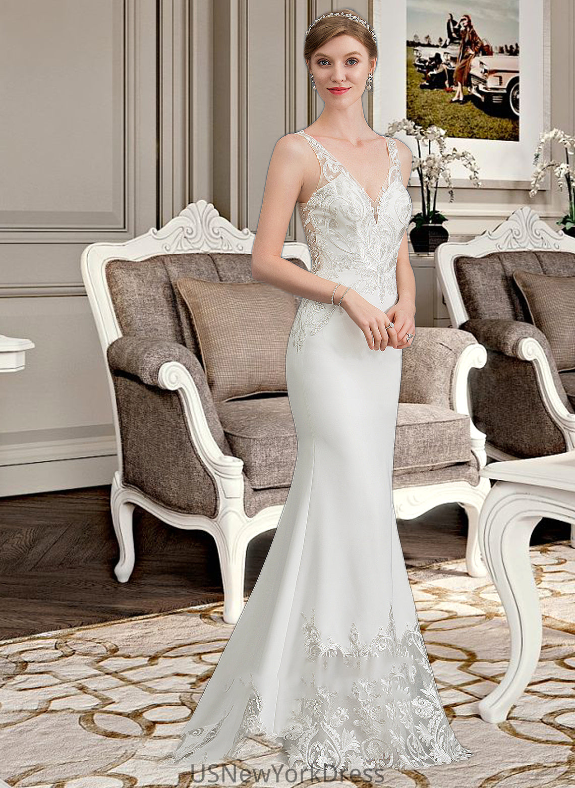 Angie Trumpet/Mermaid V-neck Court Train Stretch Crepe Wedding Dress DJP0013803