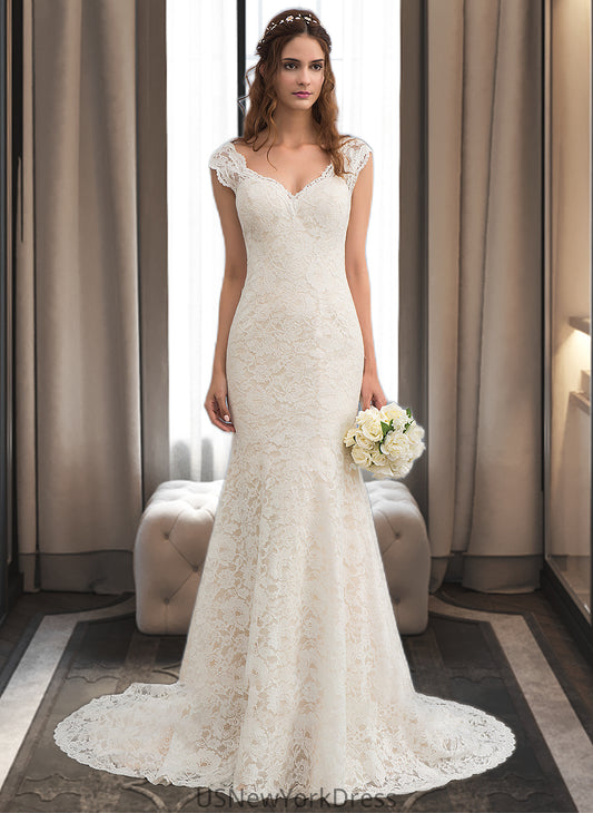 Heather Trumpet/Mermaid V-neck Court Train Lace Wedding Dress DJP0013804