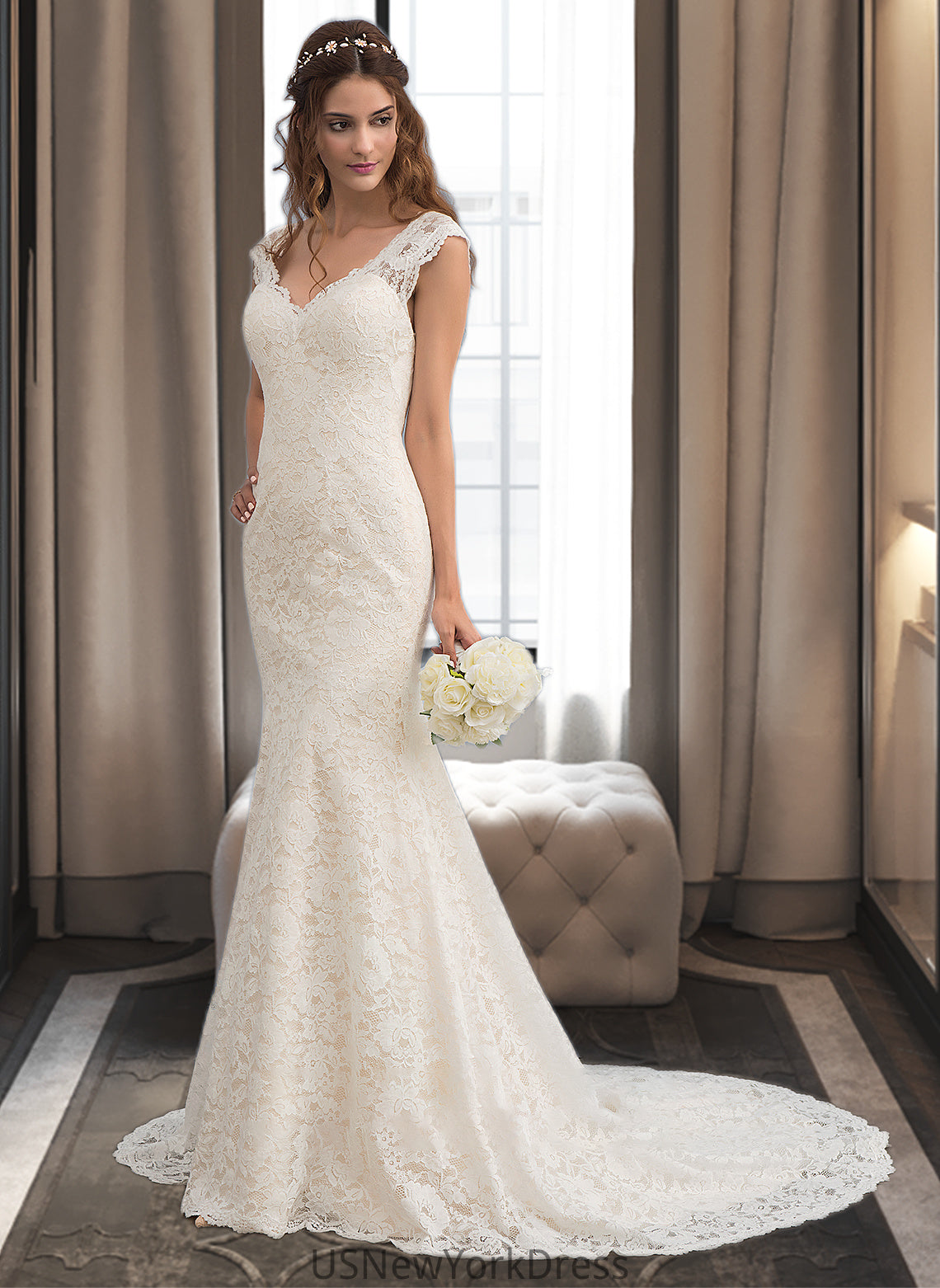 Heather Trumpet/Mermaid V-neck Court Train Lace Wedding Dress DJP0013804