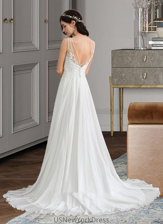 Anaya A-Line V-neck Sweep Train Chiffon Wedding Dress With Beading Sequins Split Front DJP0013806