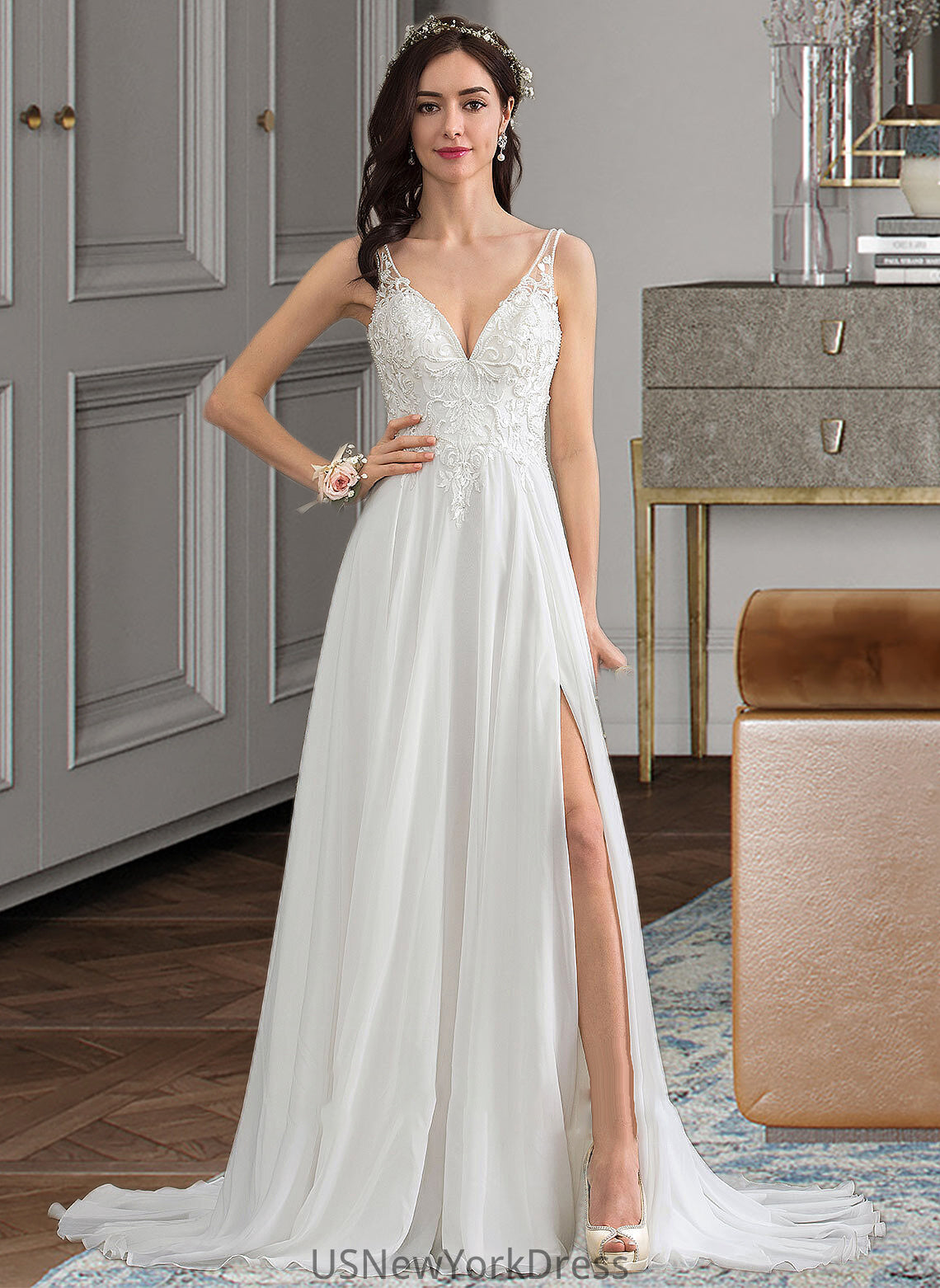 Anaya A-Line V-neck Sweep Train Chiffon Wedding Dress With Beading Sequins Split Front DJP0013806