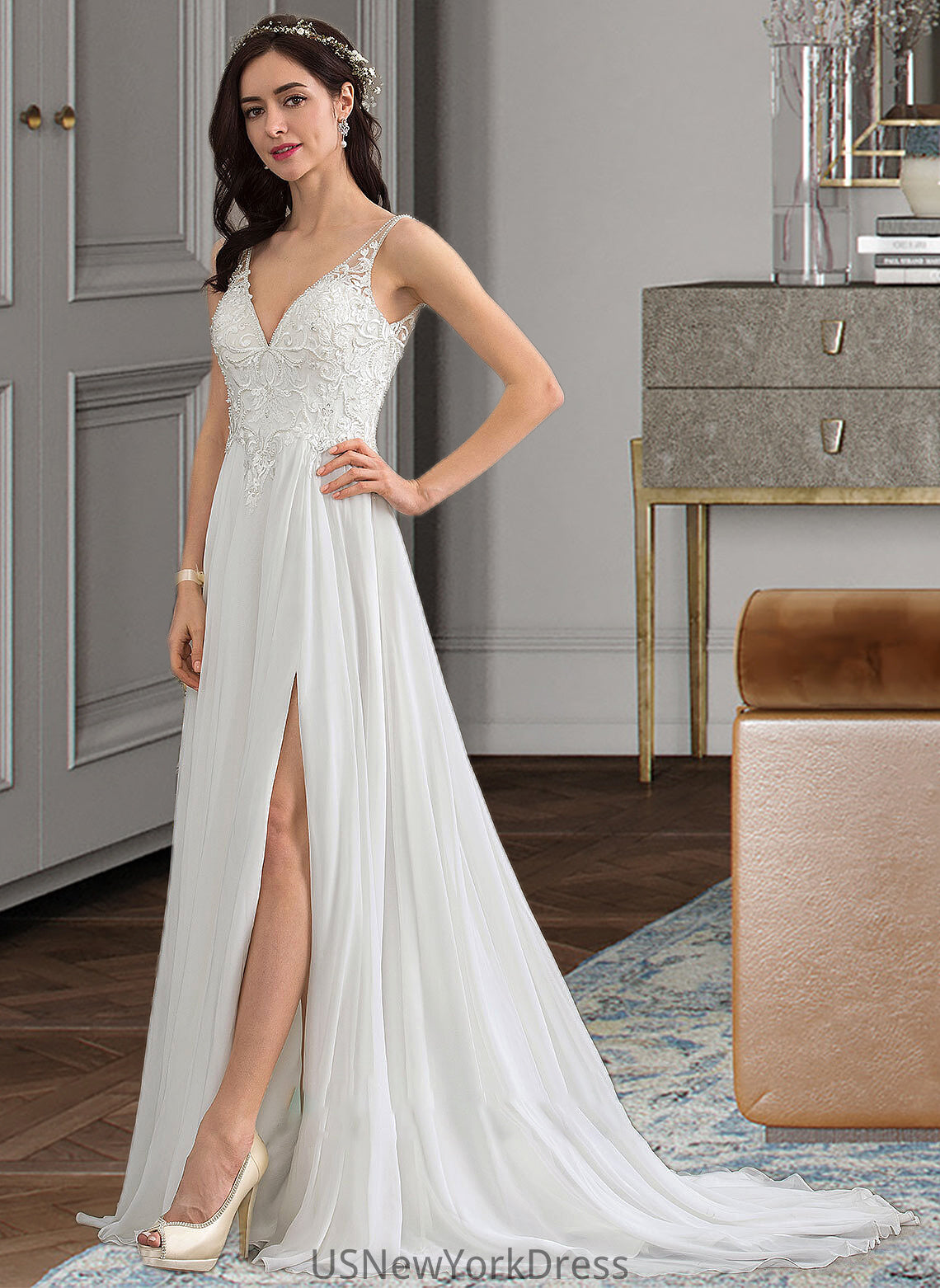 Anaya A-Line V-neck Sweep Train Chiffon Wedding Dress With Beading Sequins Split Front DJP0013806