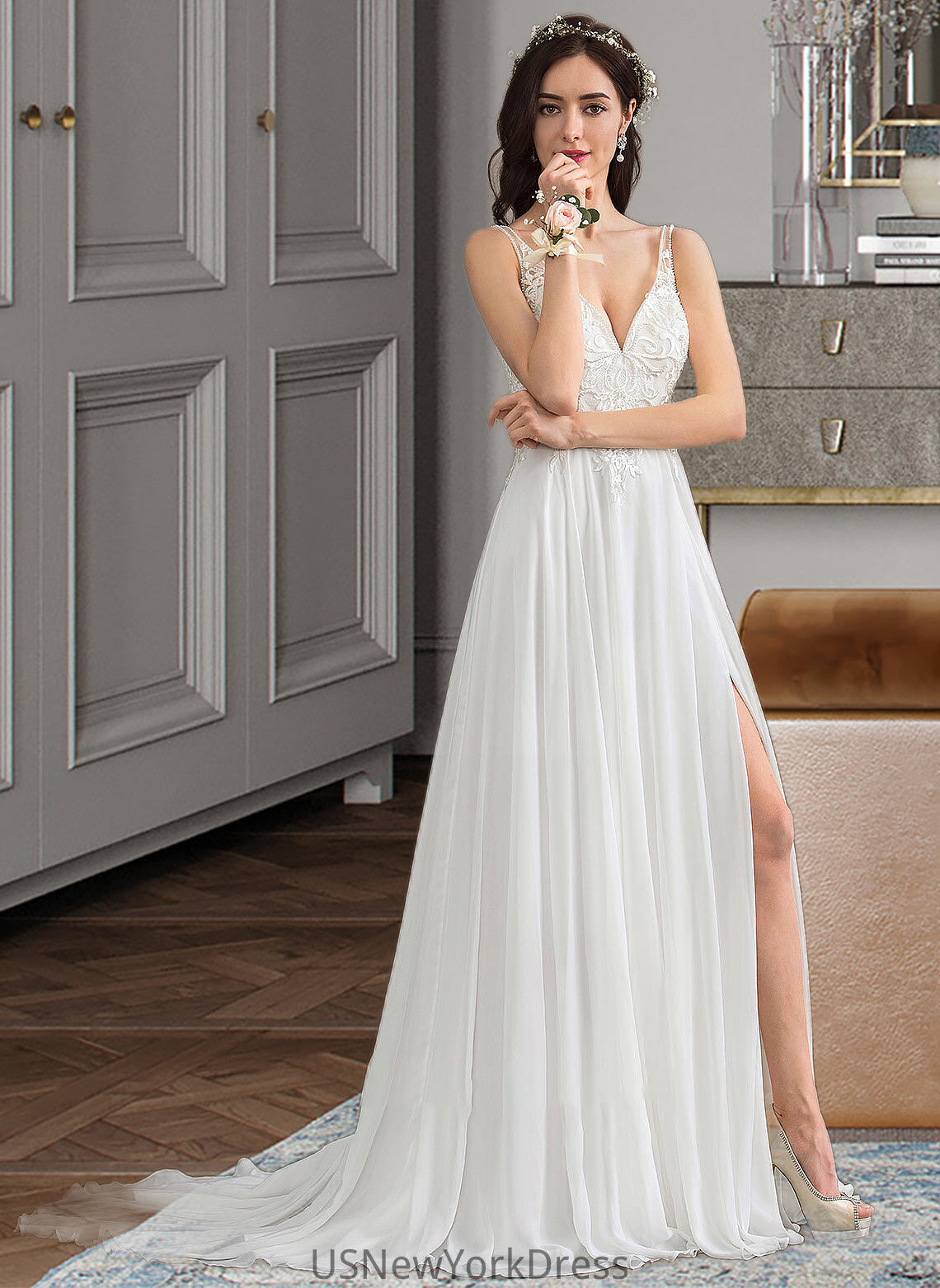 Anaya A-Line V-neck Sweep Train Chiffon Wedding Dress With Beading Sequins Split Front DJP0013806