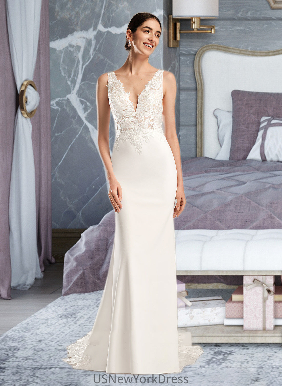 Alanna Sheath/Column V-neck Court Train Wedding Dress With Sequins DJP0013807