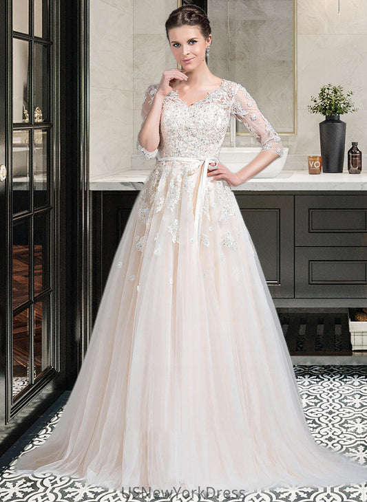 Charity Ball-Gown/Princess V-neck Court Train Tulle Wedding Dress With Beading Appliques Lace Sequins Bow(s) DJP0013809