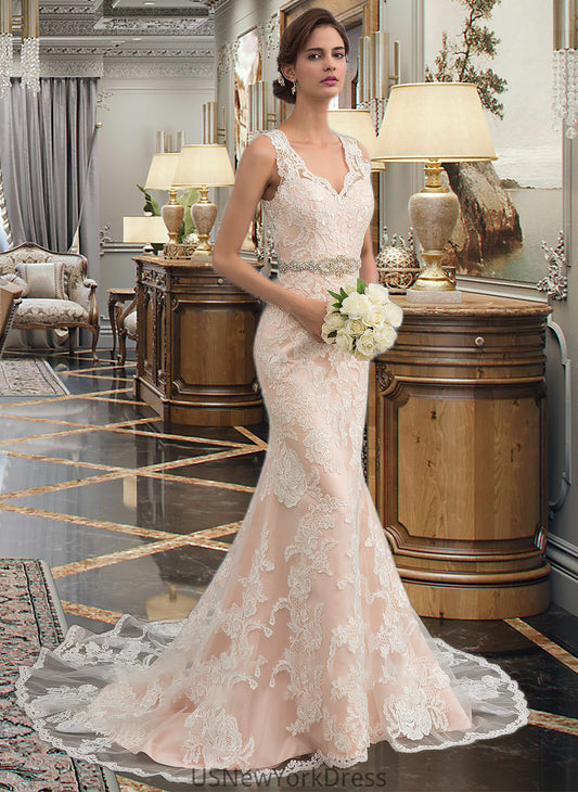 Kamryn Trumpet/Mermaid V-neck Chapel Train Tulle Lace Wedding Dress With Beading DJP0013810