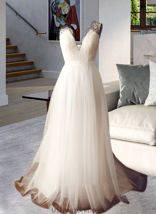 Macy A-Line V-neck Sweep Train Tulle Wedding Dress DJP0013812