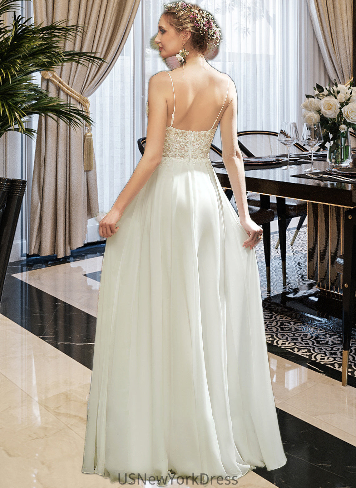 Kylee A-Line V-neck Floor-Length Wedding Dress With Lace Split Front DJP0013815