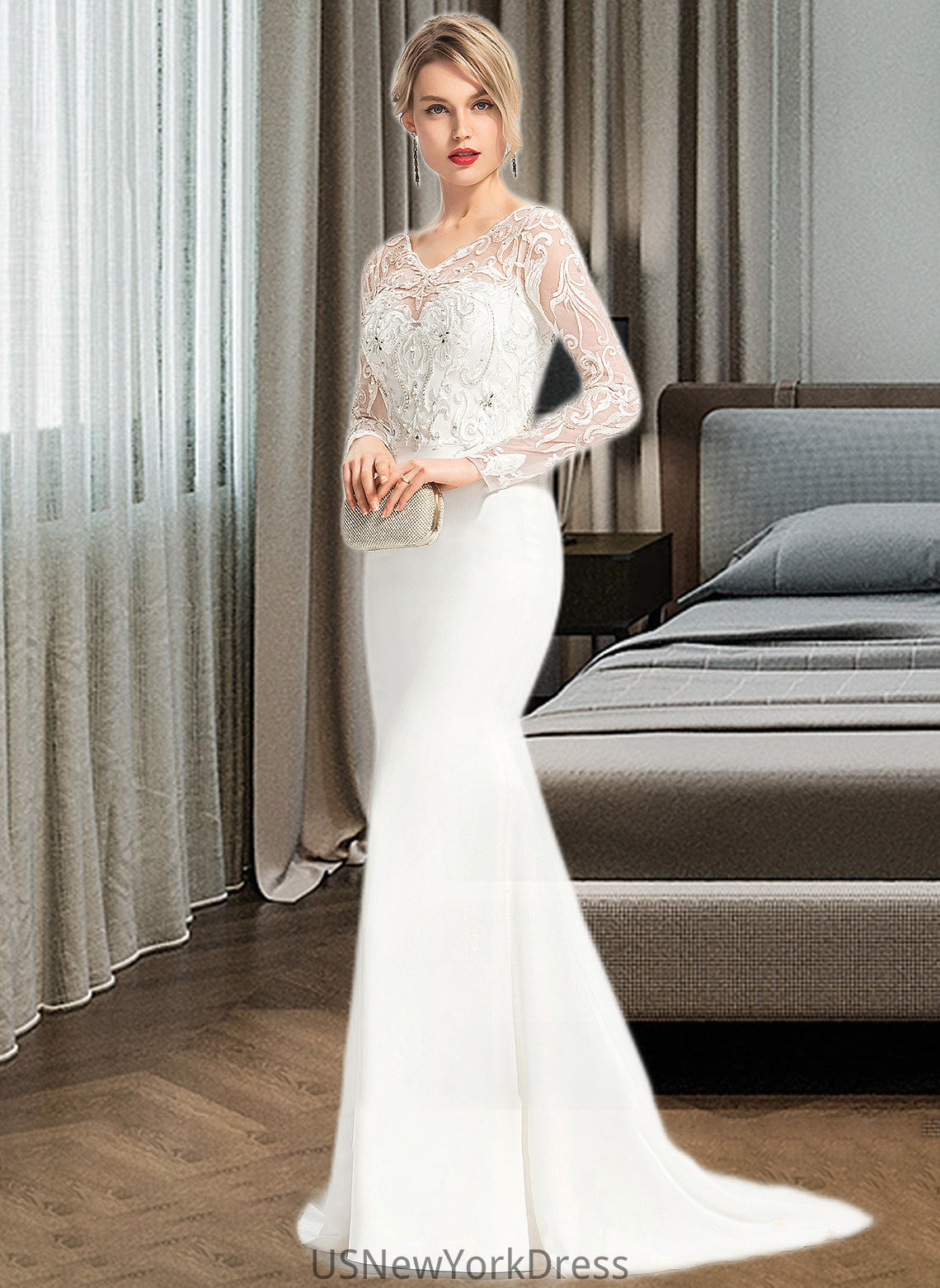 Nevaeh Trumpet/Mermaid V-neck Sweep Train Stretch Crepe Wedding Dress With Beading Sequins DJP0013816