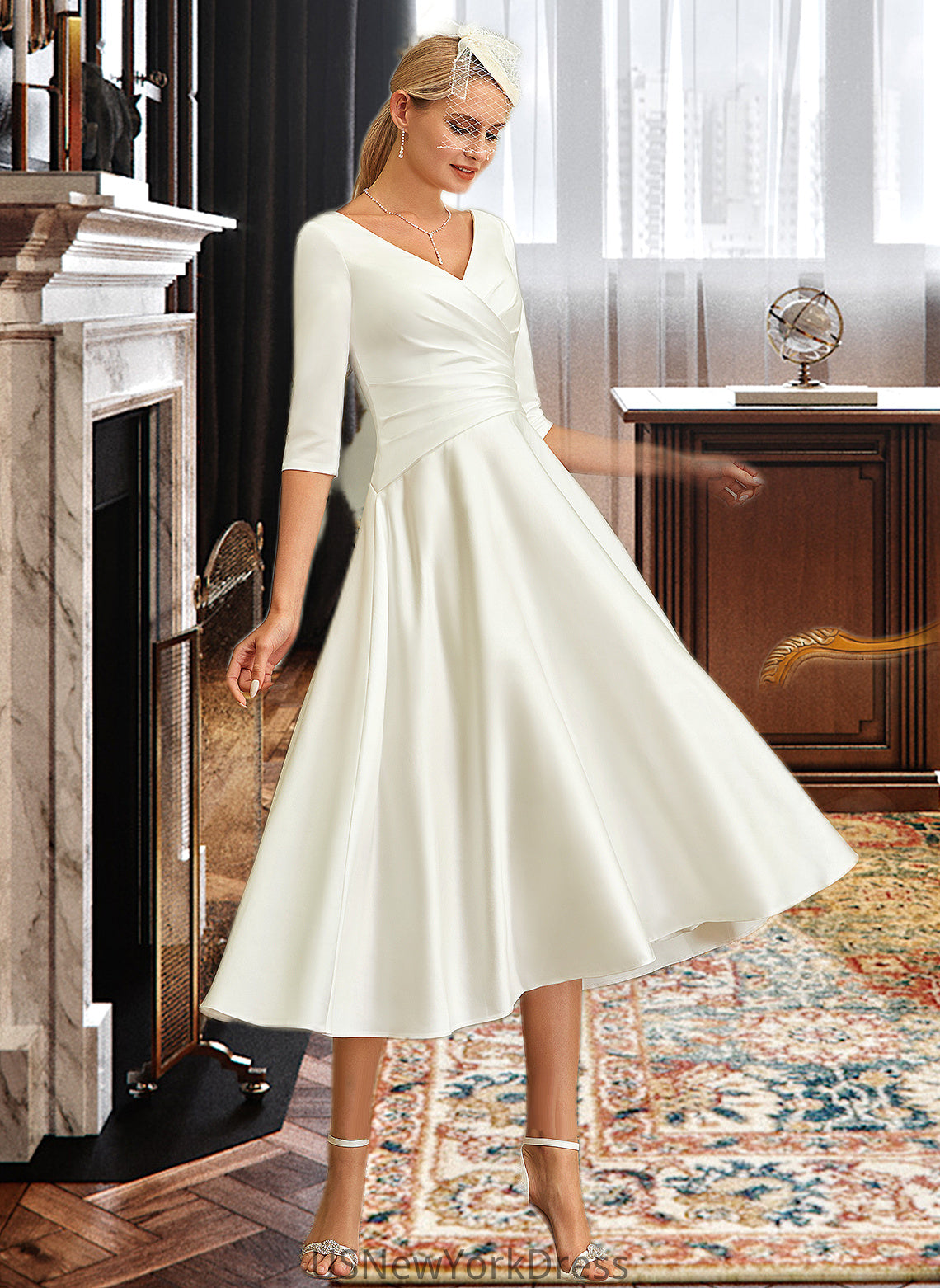 Mareli A-Line V-neck Tea-Length Satin Wedding Dress DJP0013817