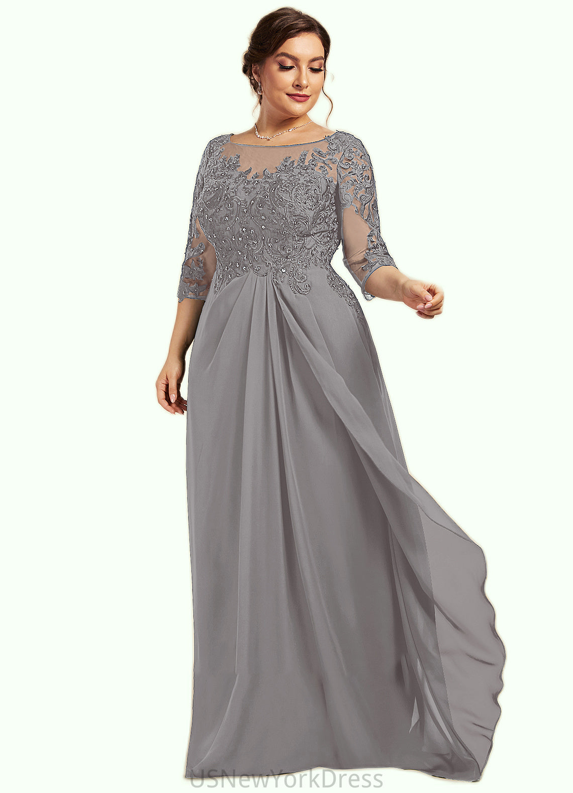 Savanna A-Line Scoop Neck Floor-Length Chiffon Lace Mother of the Bride Dress With Beading Sequins Cascading Ruffles DJ126P0014529