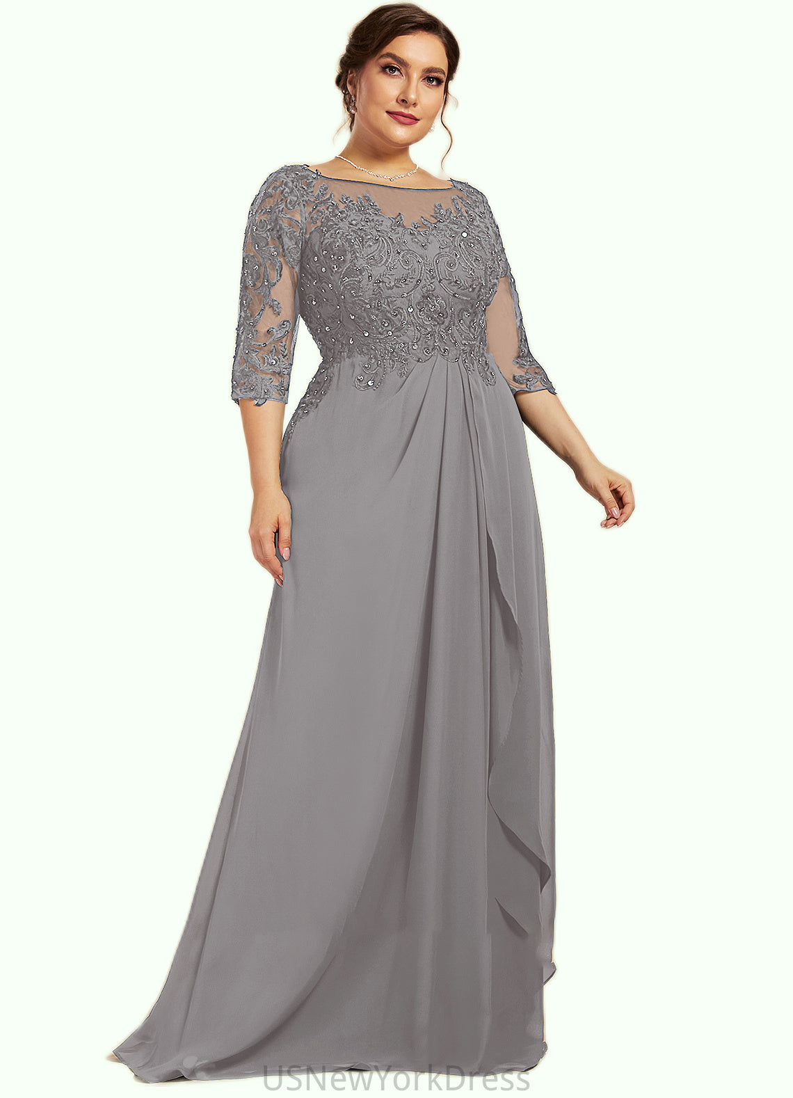 Savanna A-Line Scoop Neck Floor-Length Chiffon Lace Mother of the Bride Dress With Beading Sequins Cascading Ruffles DJ126P0014529