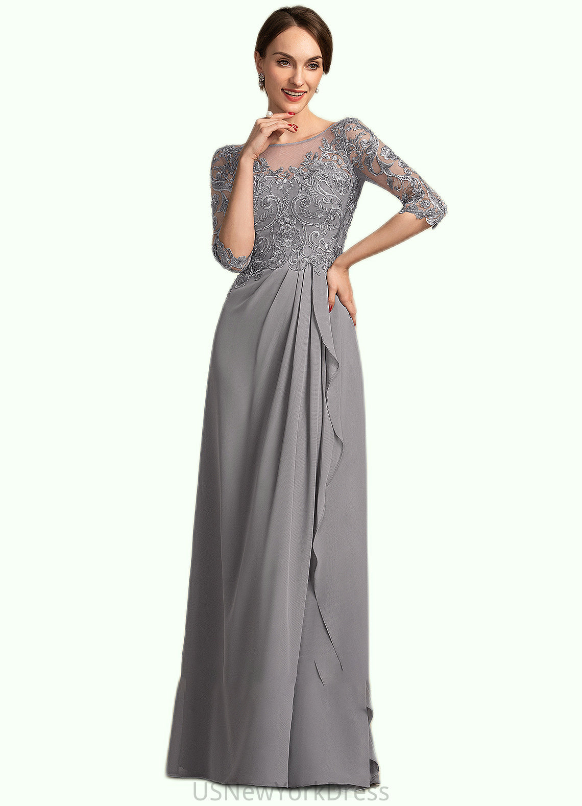 Savanna A-Line Scoop Neck Floor-Length Chiffon Lace Mother of the Bride Dress With Beading Sequins Cascading Ruffles DJ126P0014529