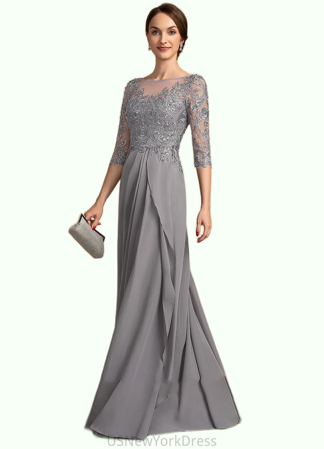 Savanna A-Line Scoop Neck Floor-Length Chiffon Lace Mother of the Bride Dress With Beading Sequins Cascading Ruffles DJ126P0014529