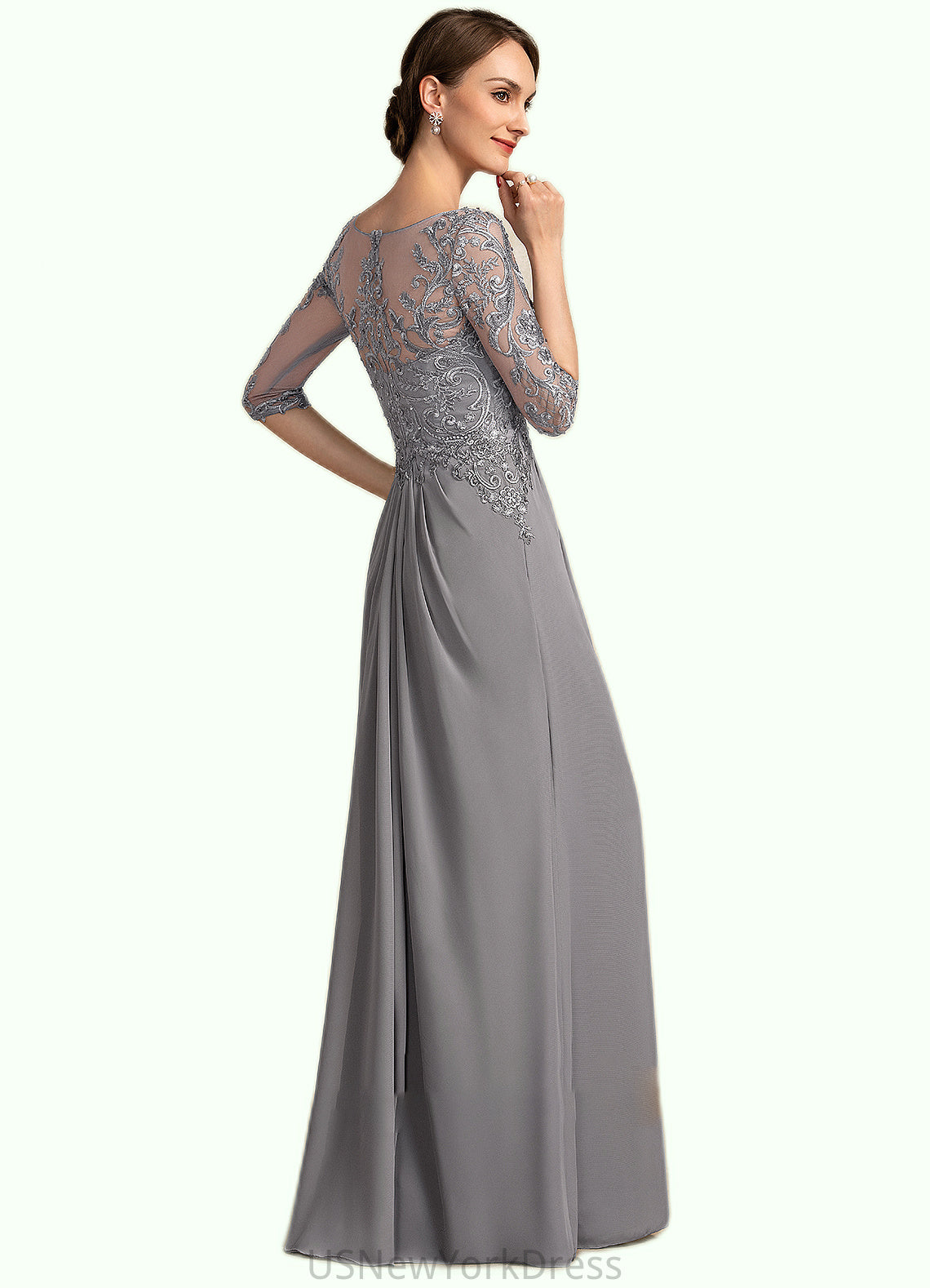 Savanna A-Line Scoop Neck Floor-Length Chiffon Lace Mother of the Bride Dress With Beading Sequins Cascading Ruffles DJ126P0014529