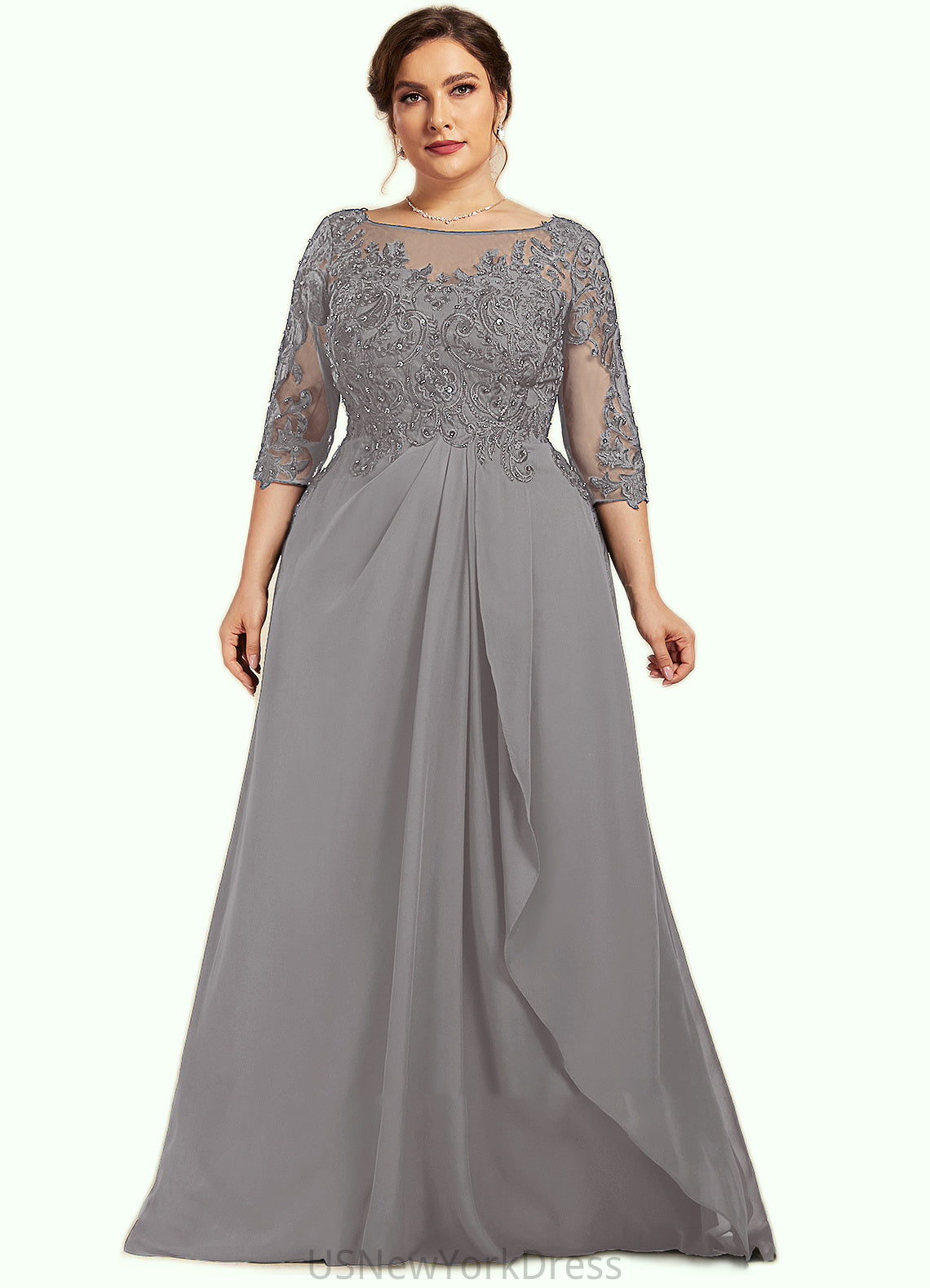 Savanna A-Line Scoop Neck Floor-Length Chiffon Lace Mother of the Bride Dress With Beading Sequins Cascading Ruffles DJ126P0014529