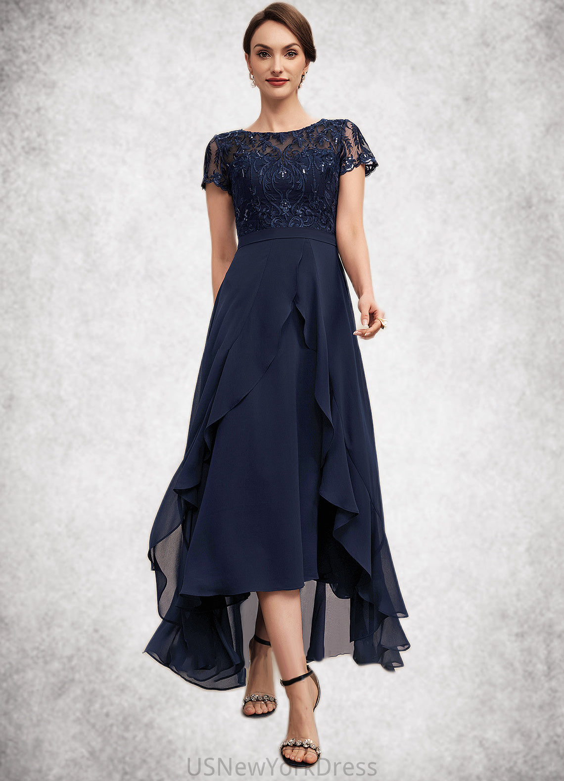 Andrea A-Line Scoop Neck Asymmetrical Chiffon Lace Mother of the Bride Dress With Sequins Bow(s) Cascading Ruffles DJ126P0014530