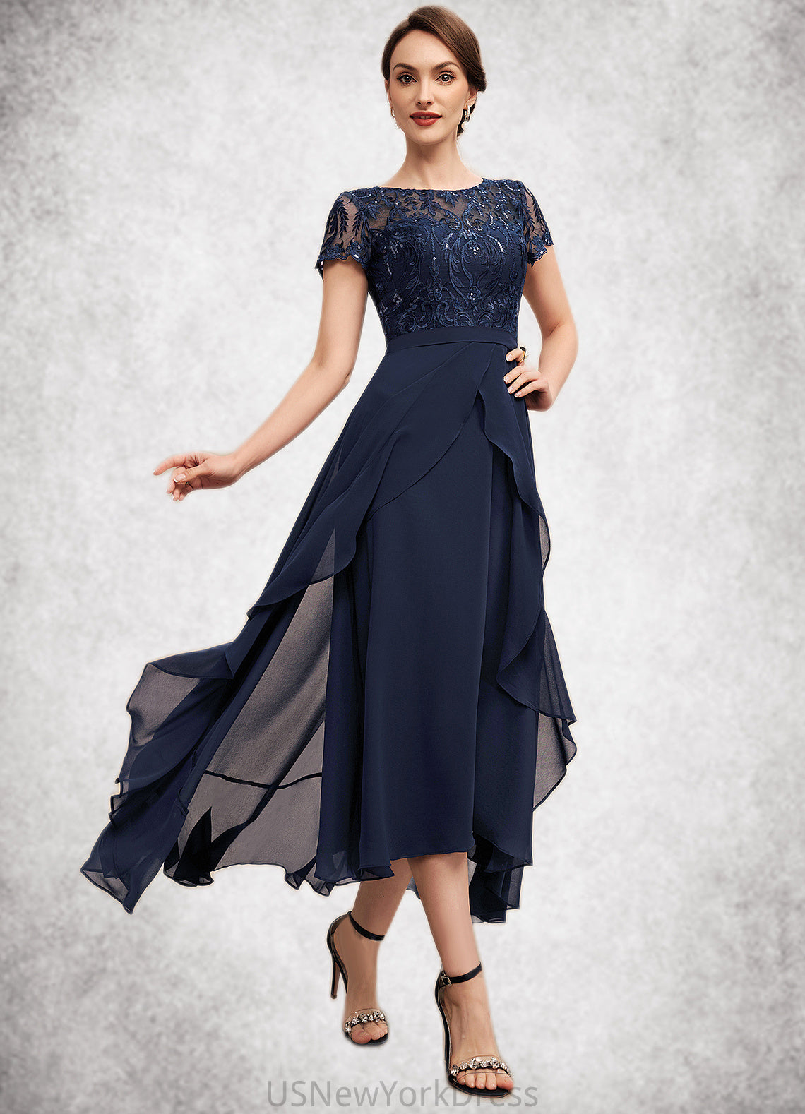 Andrea A-Line Scoop Neck Asymmetrical Chiffon Lace Mother of the Bride Dress With Sequins Bow(s) Cascading Ruffles DJ126P0014530