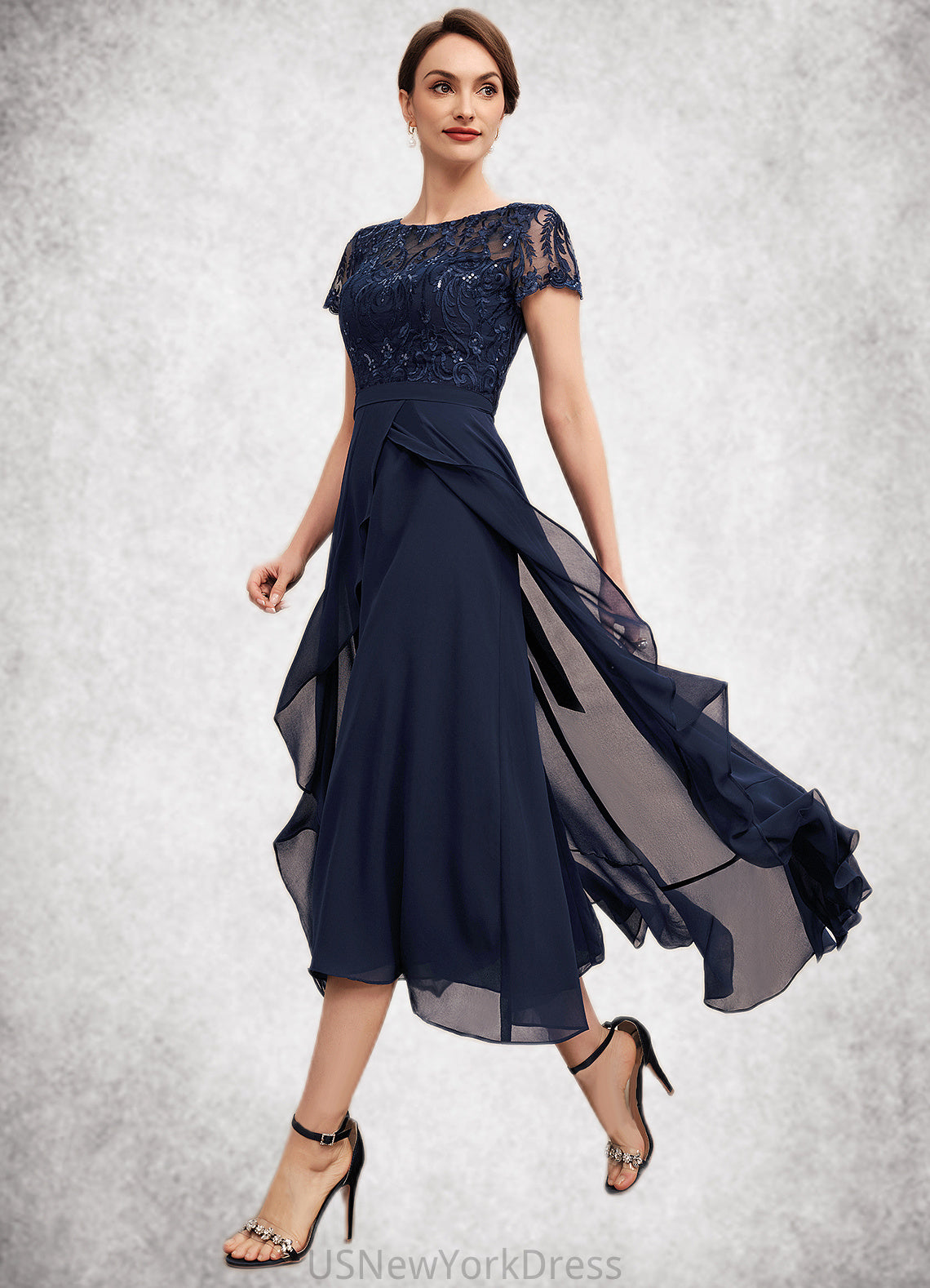 Andrea A-Line Scoop Neck Asymmetrical Chiffon Lace Mother of the Bride Dress With Sequins Bow(s) Cascading Ruffles DJ126P0014530