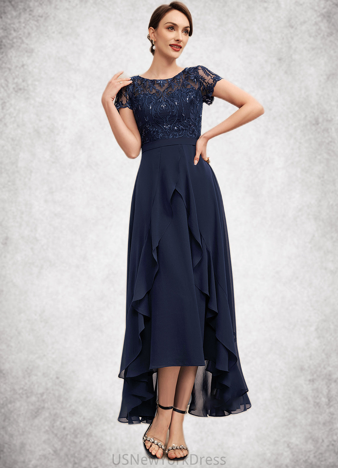 Andrea A-Line Scoop Neck Asymmetrical Chiffon Lace Mother of the Bride Dress With Sequins Bow(s) Cascading Ruffles DJ126P0014530